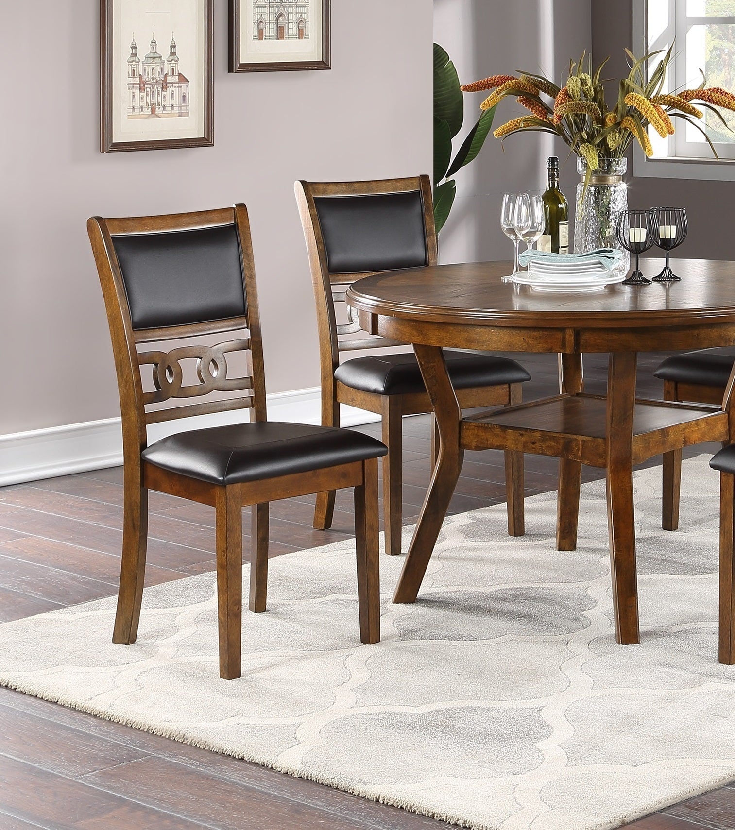 Contemporary  5pc Dining Set - Round Table With 4  Side Chairs Walnut Finish Rubberwood