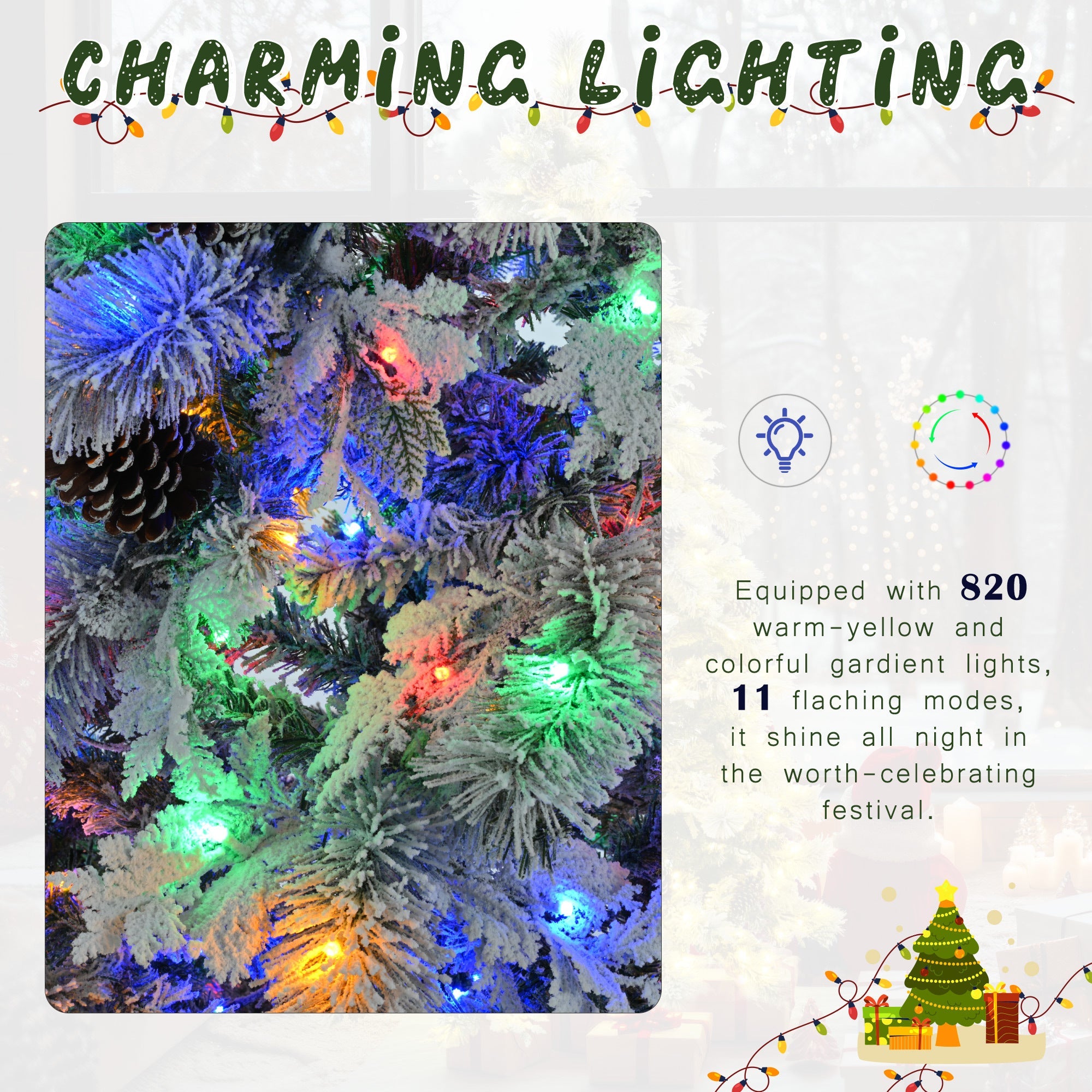 7.5FT Pre-Lit Spruce Snow Flocked Christmas Tree with Pine Cones-Multi-Color LED Lights, 11 Flashing Modes,