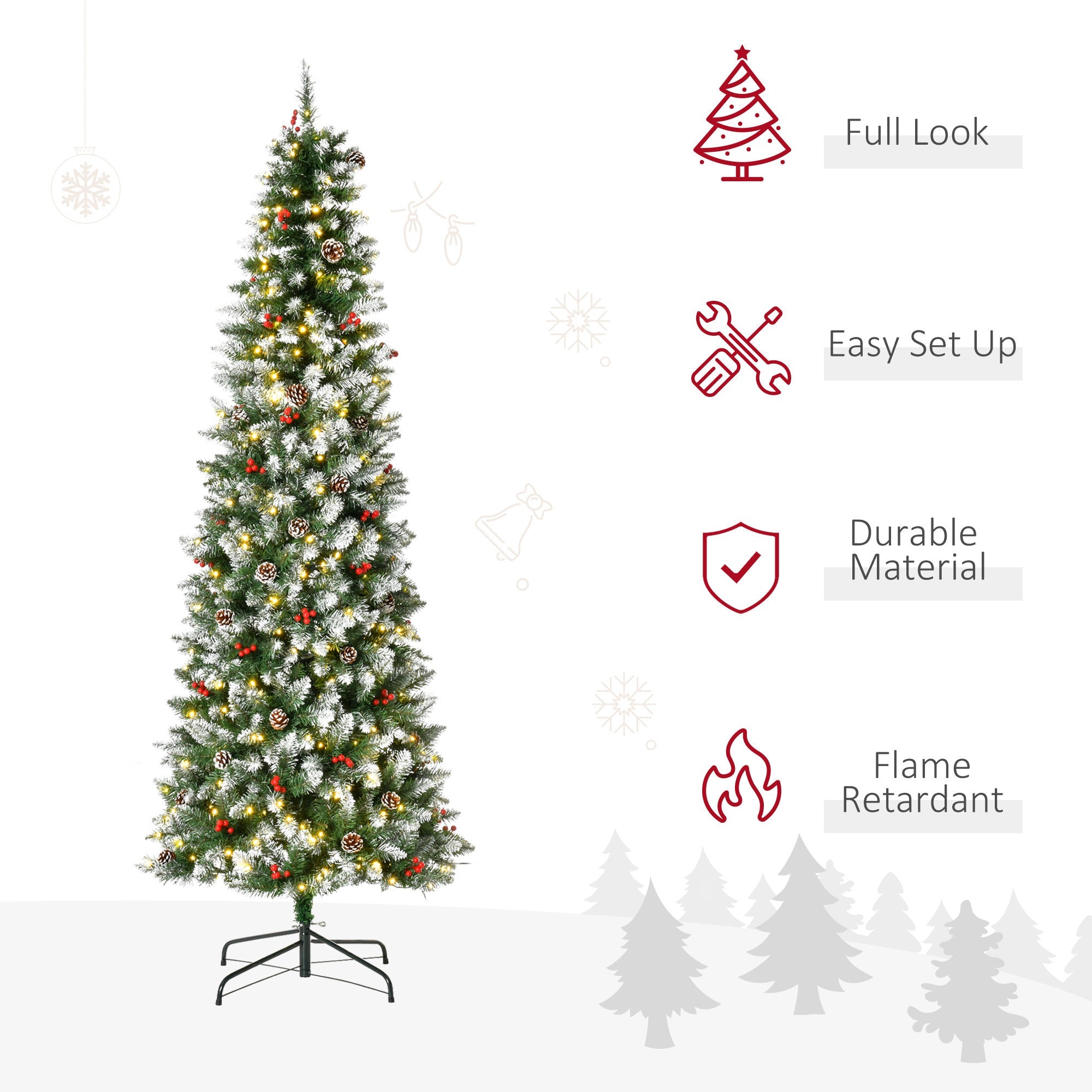 7.5ft Pre-Lit Snow-Dipped  Christmas Tree, Pine Cones, Red Berries