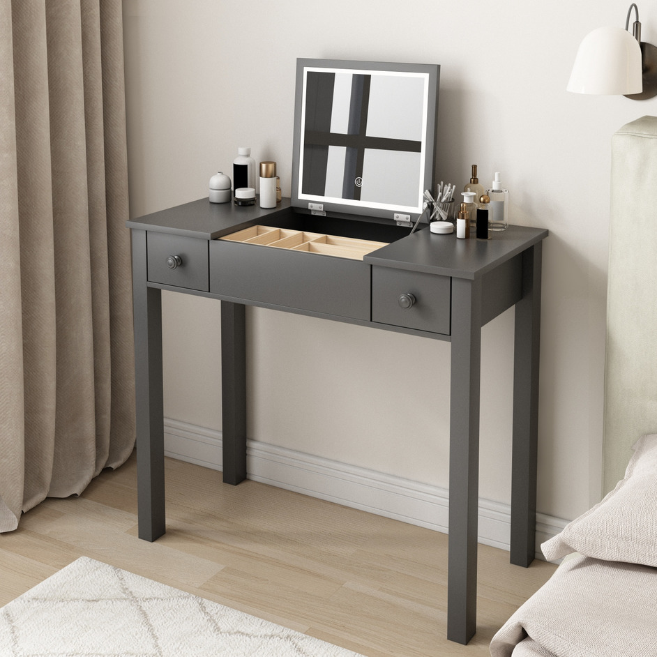 Grey Vanity Table with LED Lights, Flip-Top Mirror and 2 Drawers, Jewelry Storage