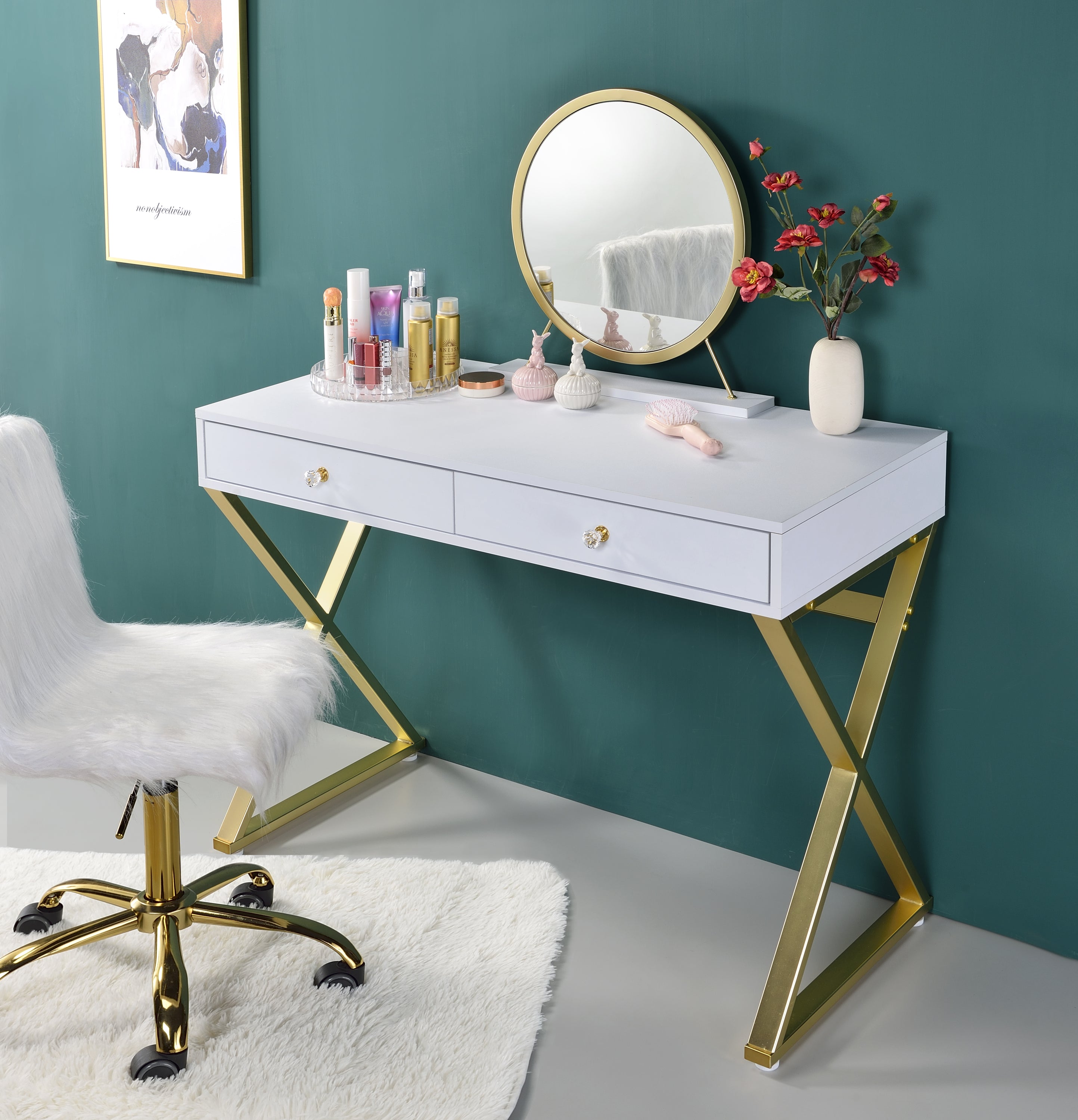 Coleen Vanity Desk w/Mirror & Jewelry Tray in White & Gold Finish