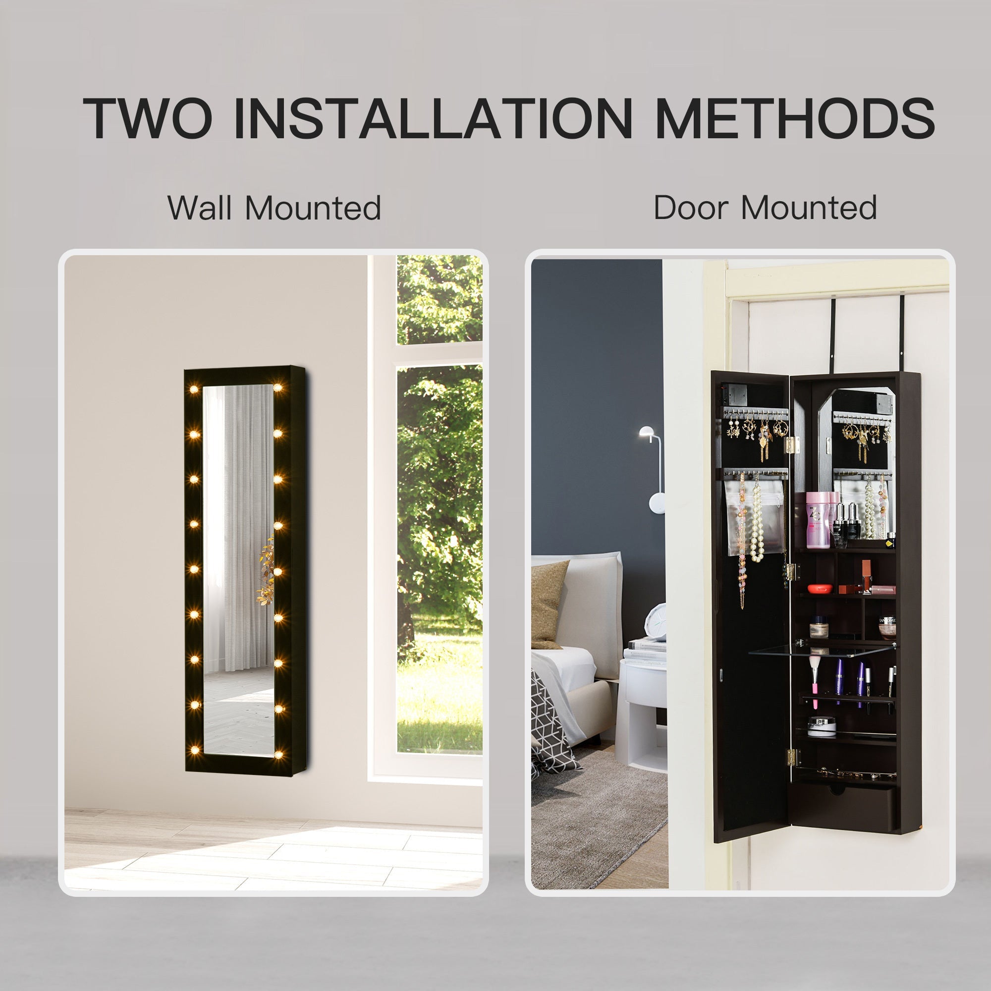 Jewelry Armoire with Mirror and 18 LED Lights, Wall-Mounted/Over-The-Door Cabinet with 3 Mountable Heights, Dark Walnut