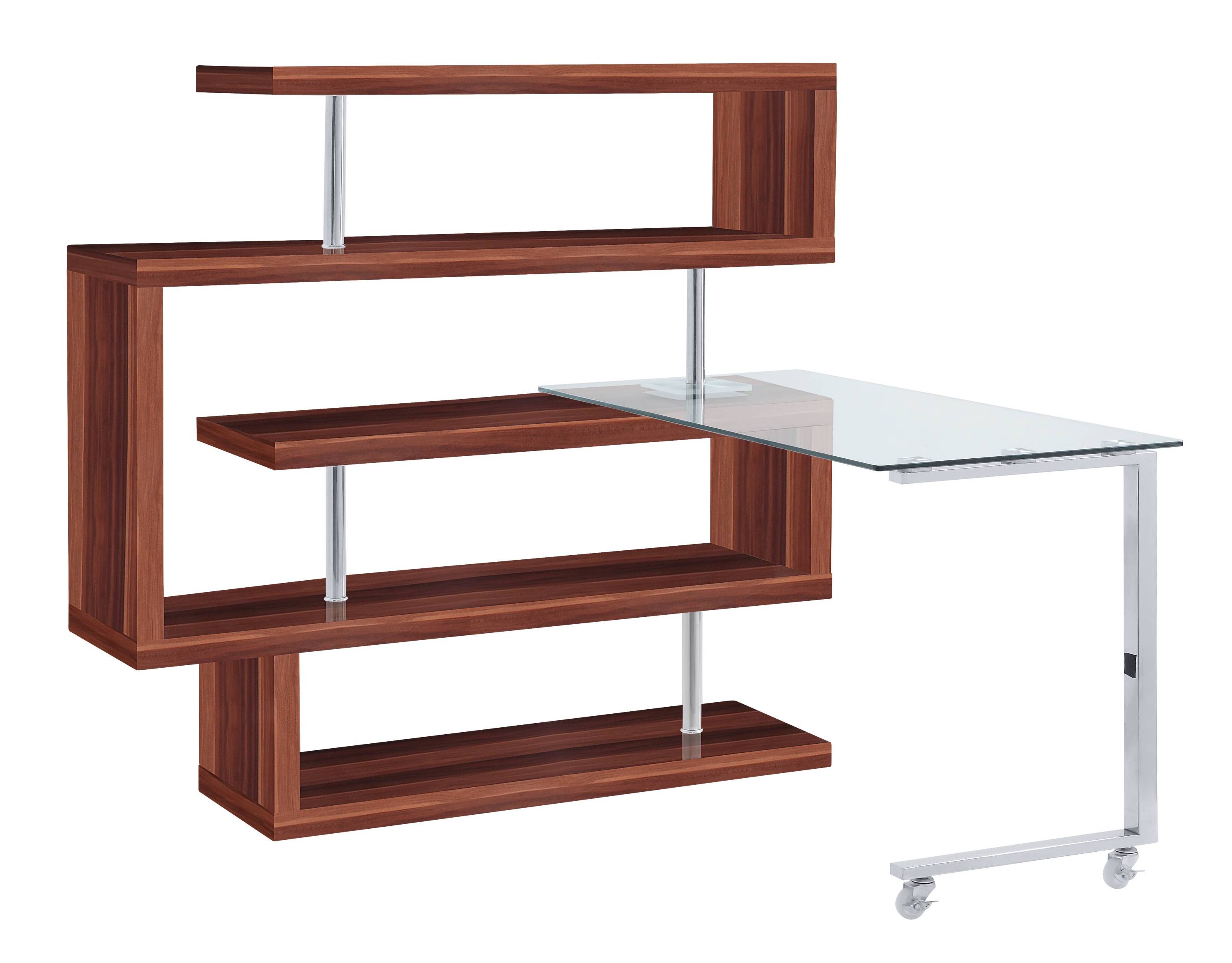 Buck II Clear Glass, Chrome High Gloss Finish Writing Desk with Shelf-Walnut