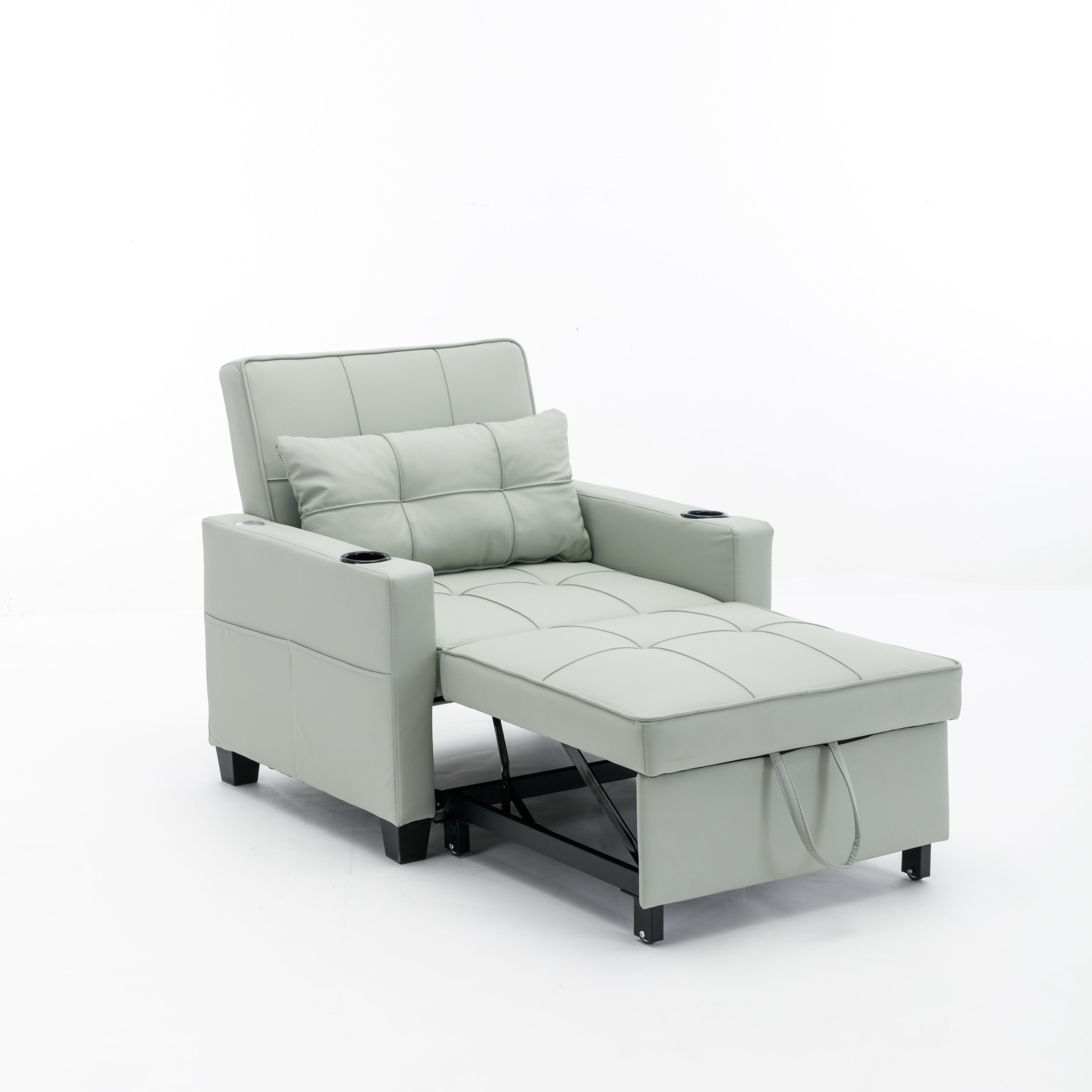 Convertible Chair 3-in-1 Pull Out Sleeper Chair Beds with USB Ports, Wear-resistant and Anti-scratch, (Green Leather)