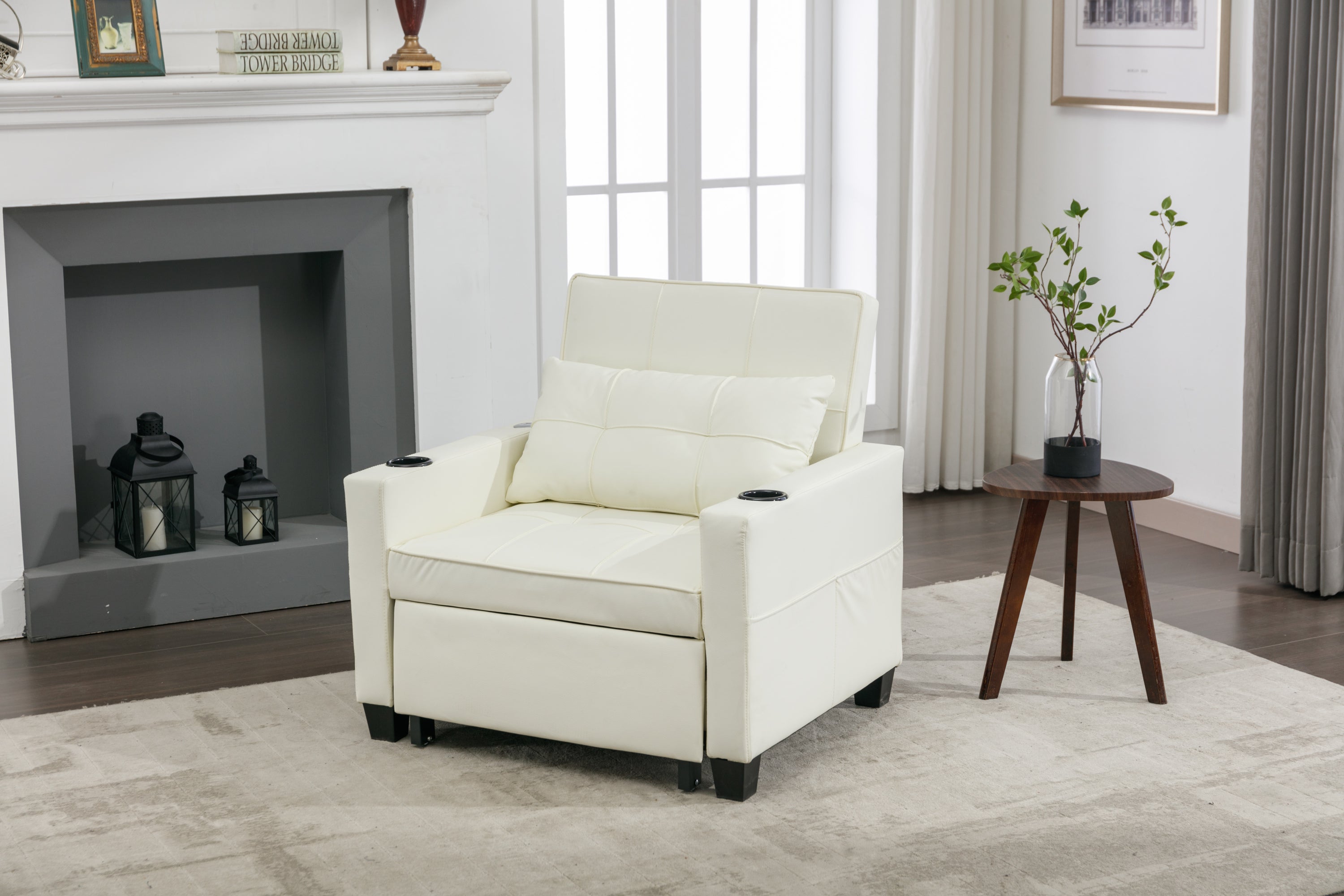 Convertible Chair 3-in-1 Pull Out Sleeper Chair Beds with USB Ports, Wear-resistant and Anti-scratch,  (White Leather)