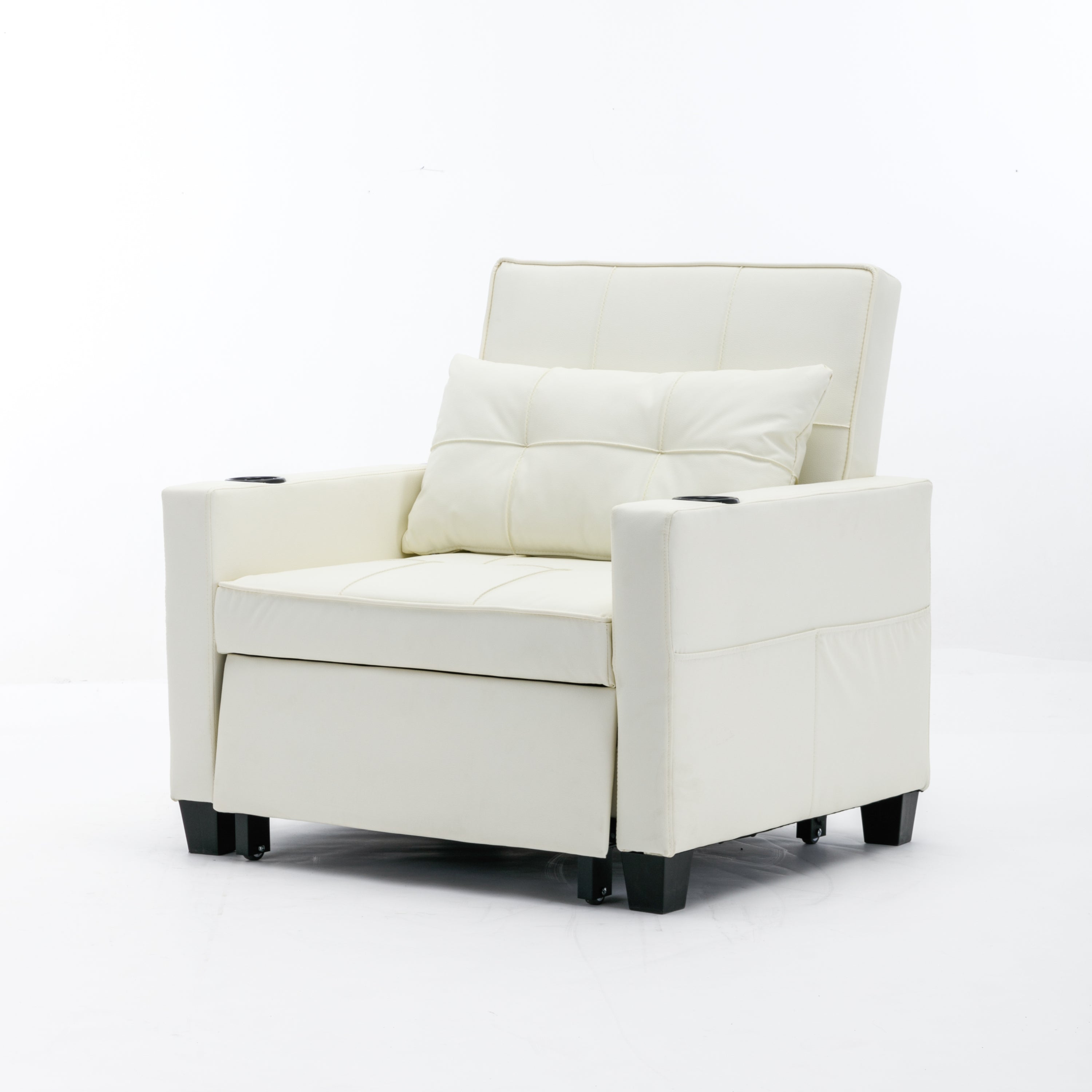 Convertible Chair 3-in-1 Pull Out Sleeper Chair Beds with USB Ports, Wear-resistant and Anti-scratch,  (White Leather)