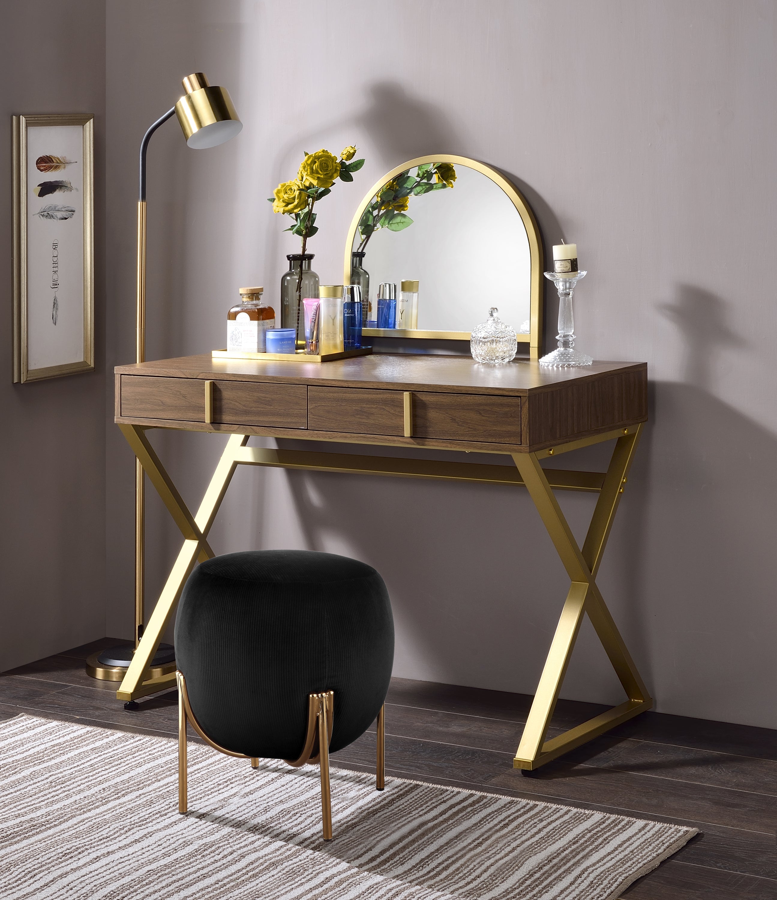 Coleen Vanity Desk w/Mirror & Jewelry Tray in Walnut & Gold Finish