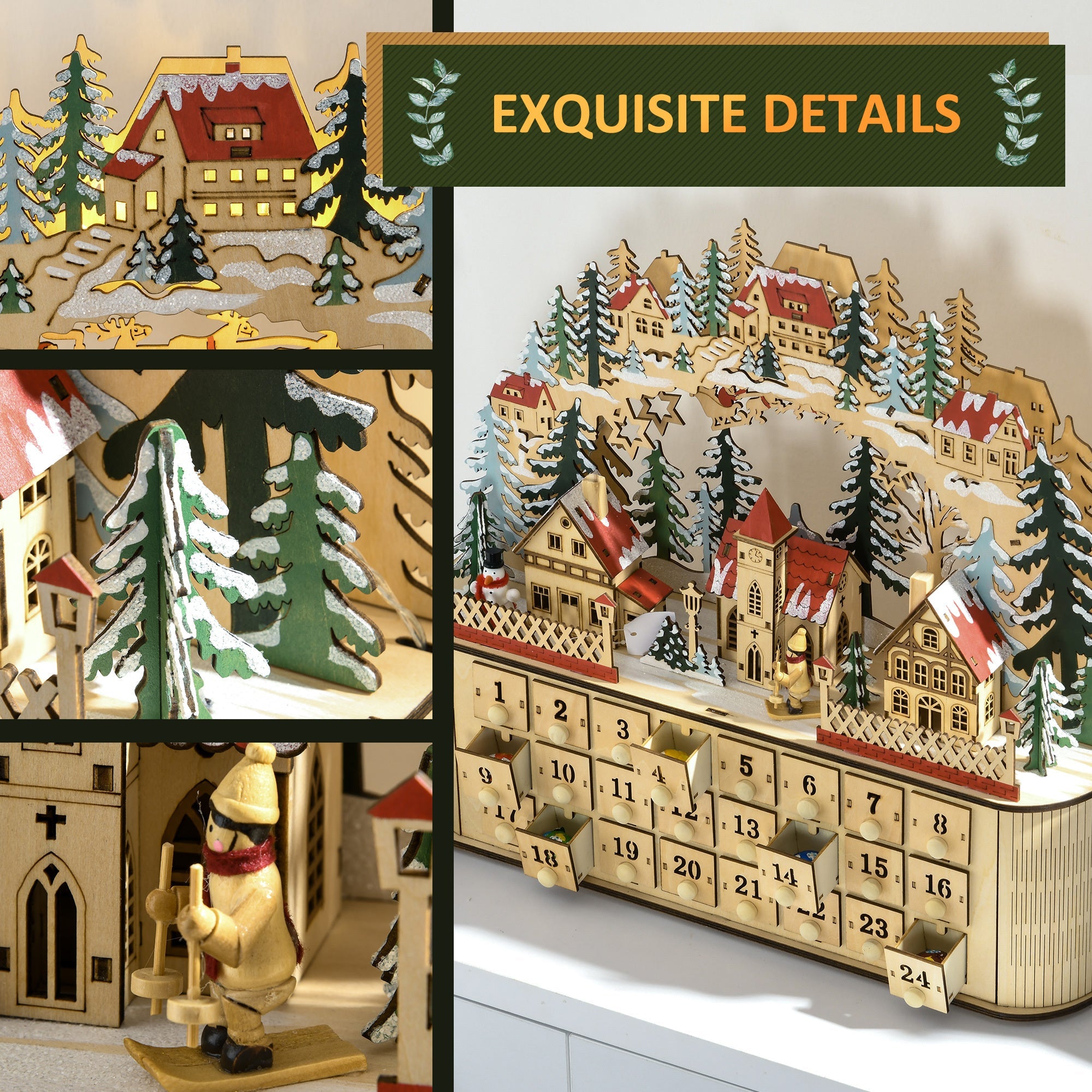 Arched Wooden Christmas Advent Calendar, Light Up Table