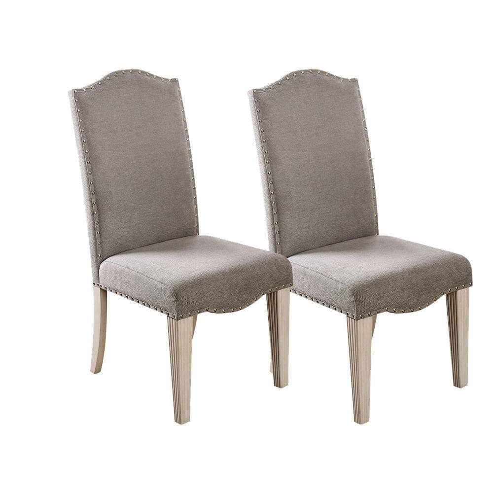 Set of 2-Antique White Frame Side Chairs Gray Fabric Parson Chair Camel Back Design