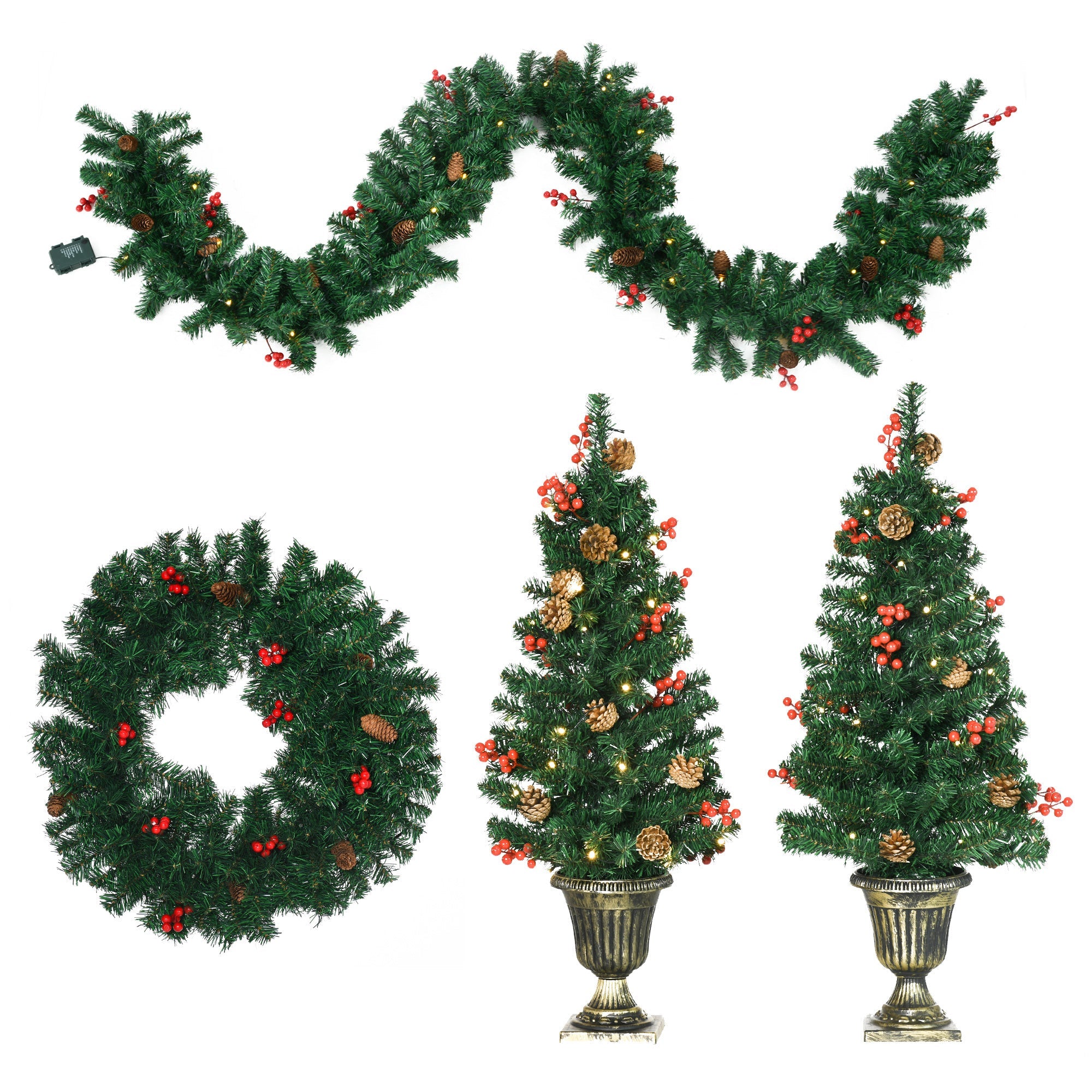 Pre-lit Christmas 4-Piece Set, Garland Wreath and Set of 2 Entrance Trees with Warm White LED Lights, Red Berries, Pine Cones, Green