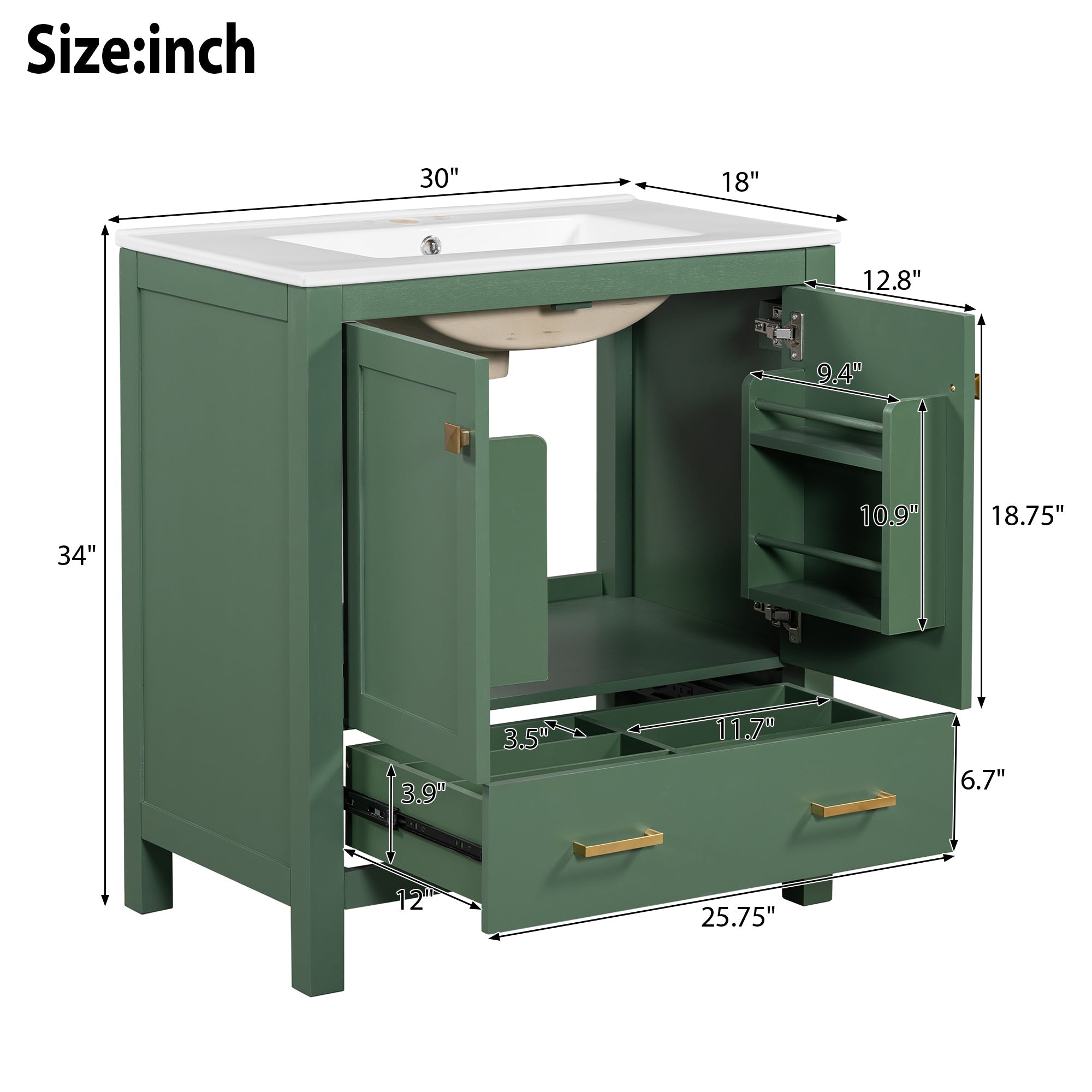 30" Green Bathroom Vanity with Single Sink, Storage Cabinet with 2 Doors and a Drawer, Soft Closure