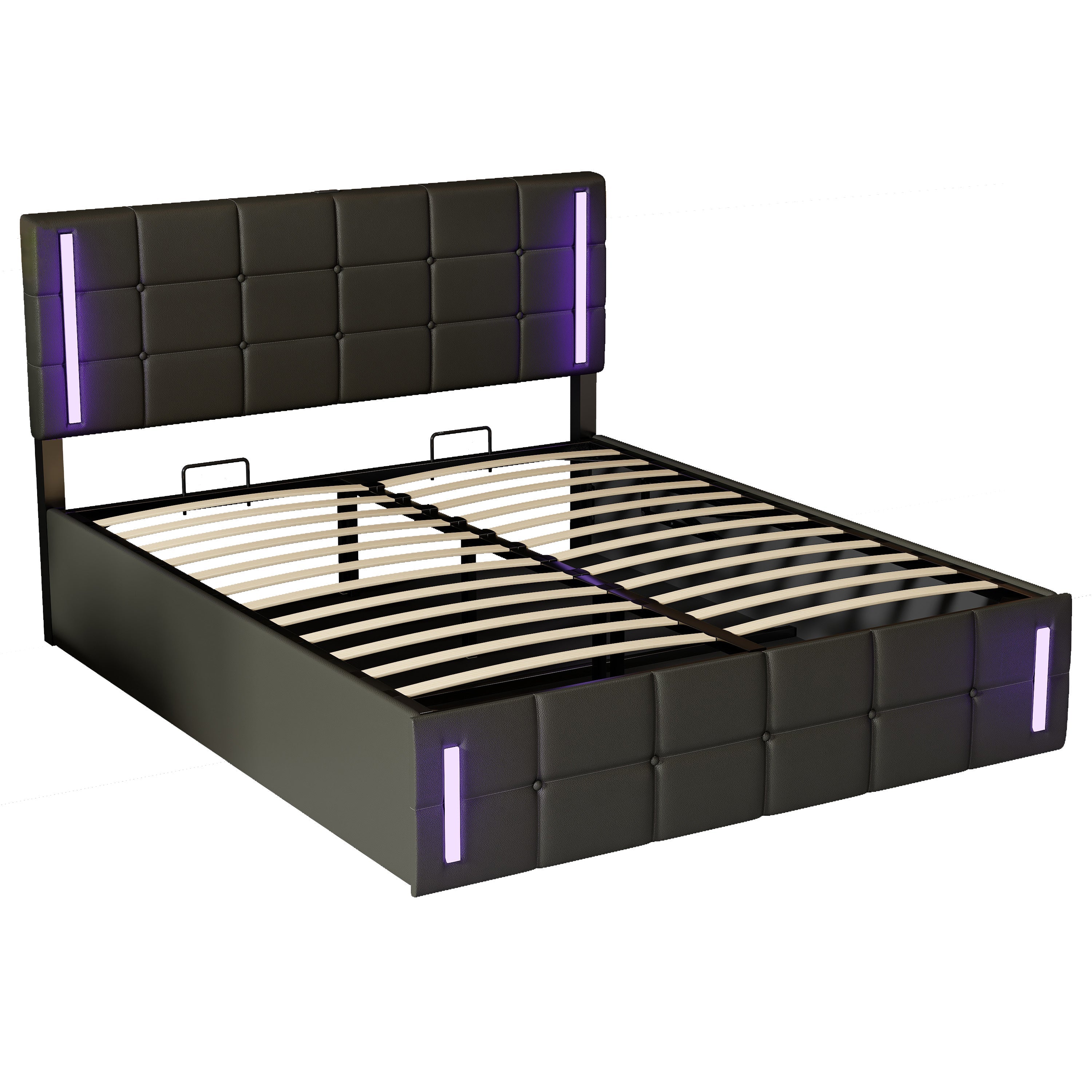 Full Size Upholstered Bed with LED Lights,Hydraulic Storage System and USB Charging Station,Black