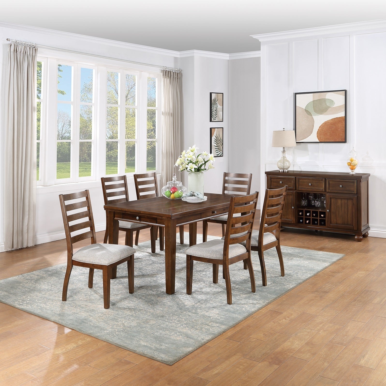 7pc Dining Set Table with 4 Drawers- 6 Side Chairs Ladder Back Walnut Finish