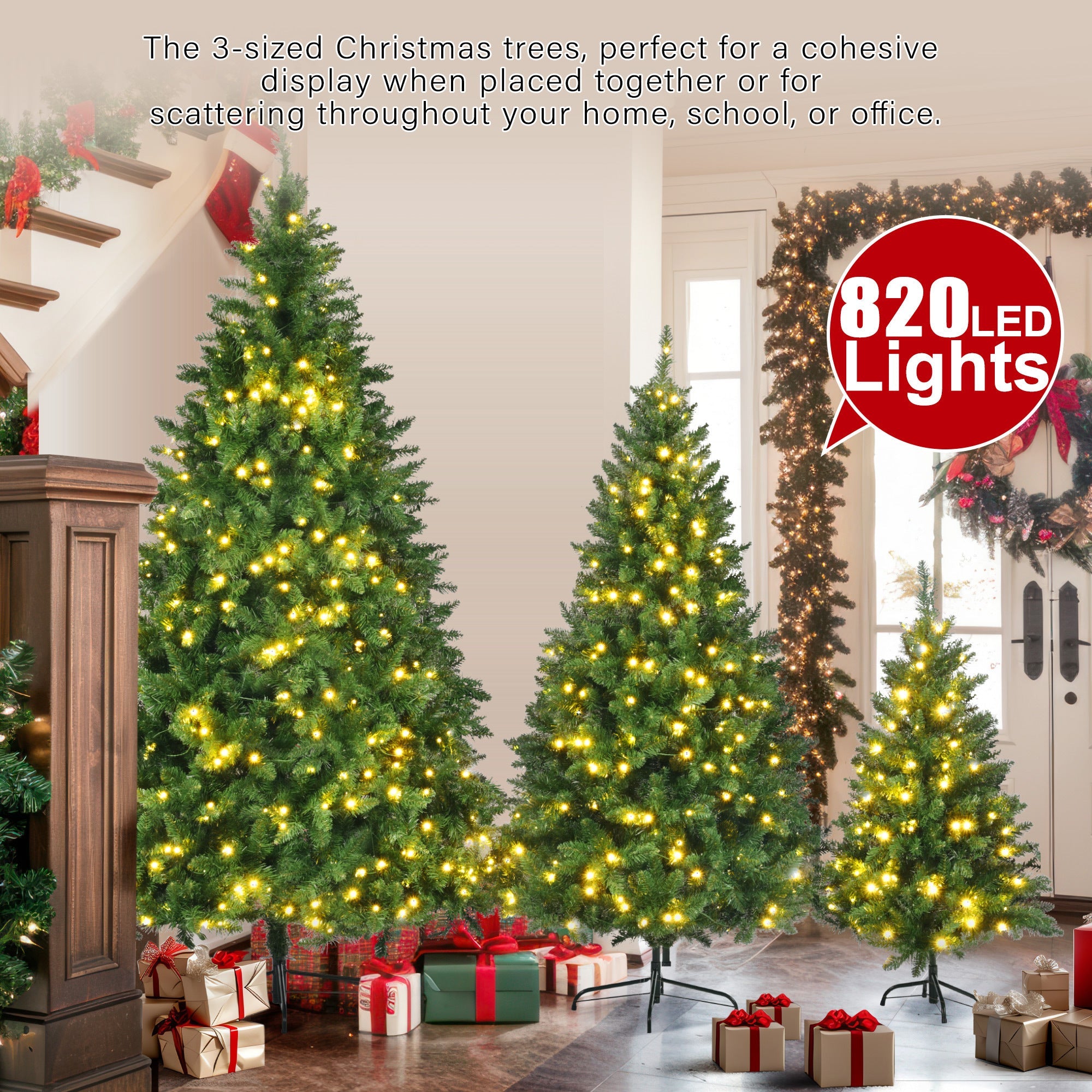 8FT, 6FT, 4FT Pre-Lit Green Pine Artificial Christmas Tree, Set of 3 Hinged Xmas Trees with 820 Warm-Yellow LED Lights