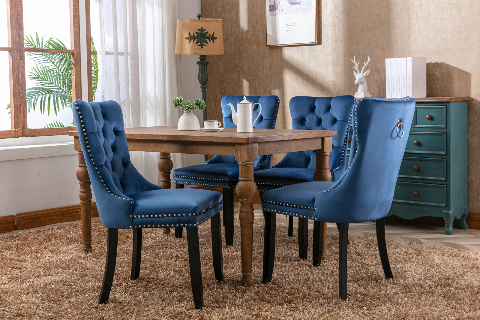 Tufted Solid Wood Velvet Upholstered Dining Chair with Wood Legs Nailhead Trim Set of 2, Blue L