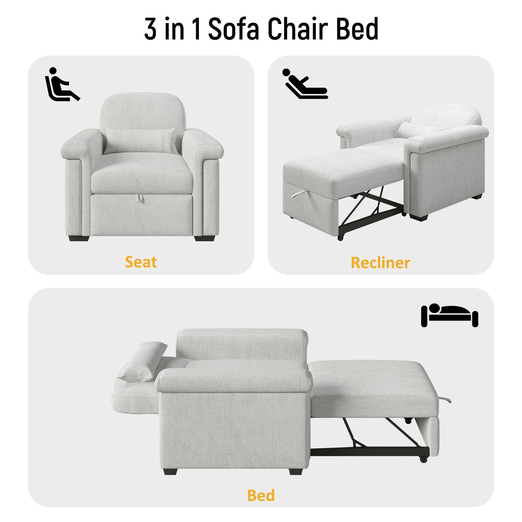 3 in 1 Convertible Sleeper Chair Sofa Bed Pull Out Couch Adjustable Chair with Pillow, Beige