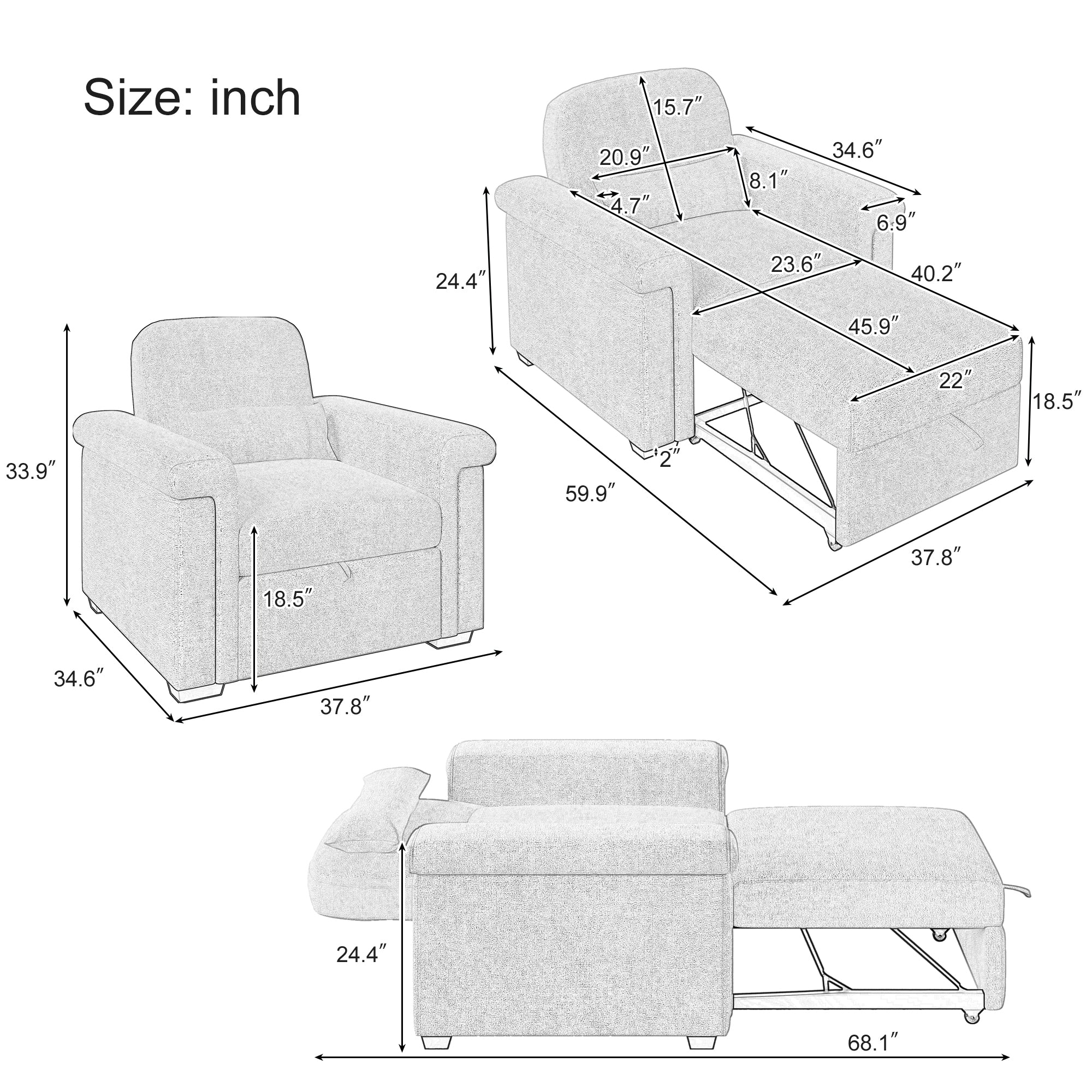 3 in 1 Convertible Sleeper Chair Sofa Bed Pull Out Couch Adjustable Chair with Pillow, Beige