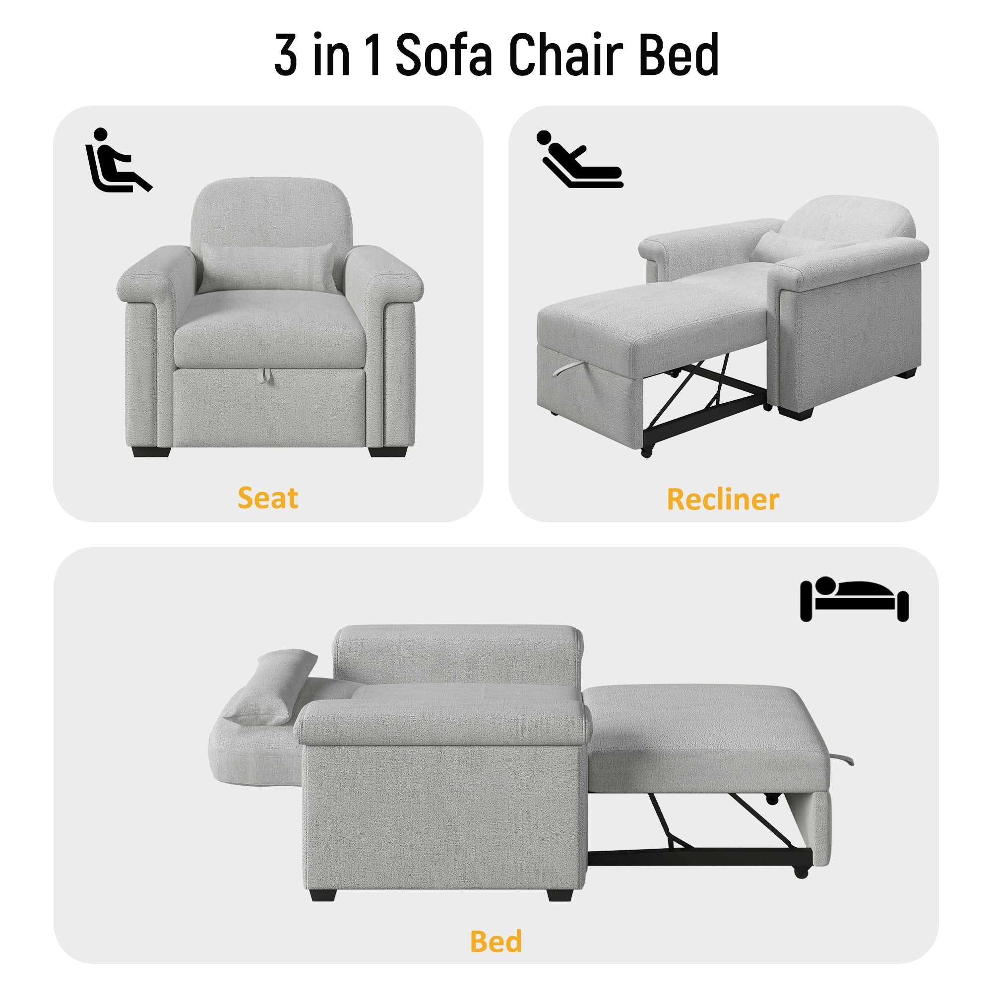 3 in 1 Convertible Sleeper Chair Sofa Bed Pull Out Couch Adjustable Chair with Pillow,  Gray