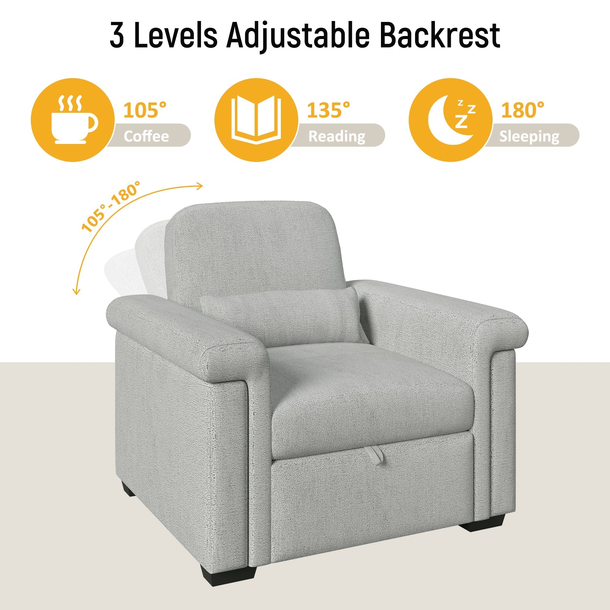 3 in 1 Convertible Sleeper Chair Sofa Bed Pull Out Couch Adjustable Chair with Pillow,  Gray