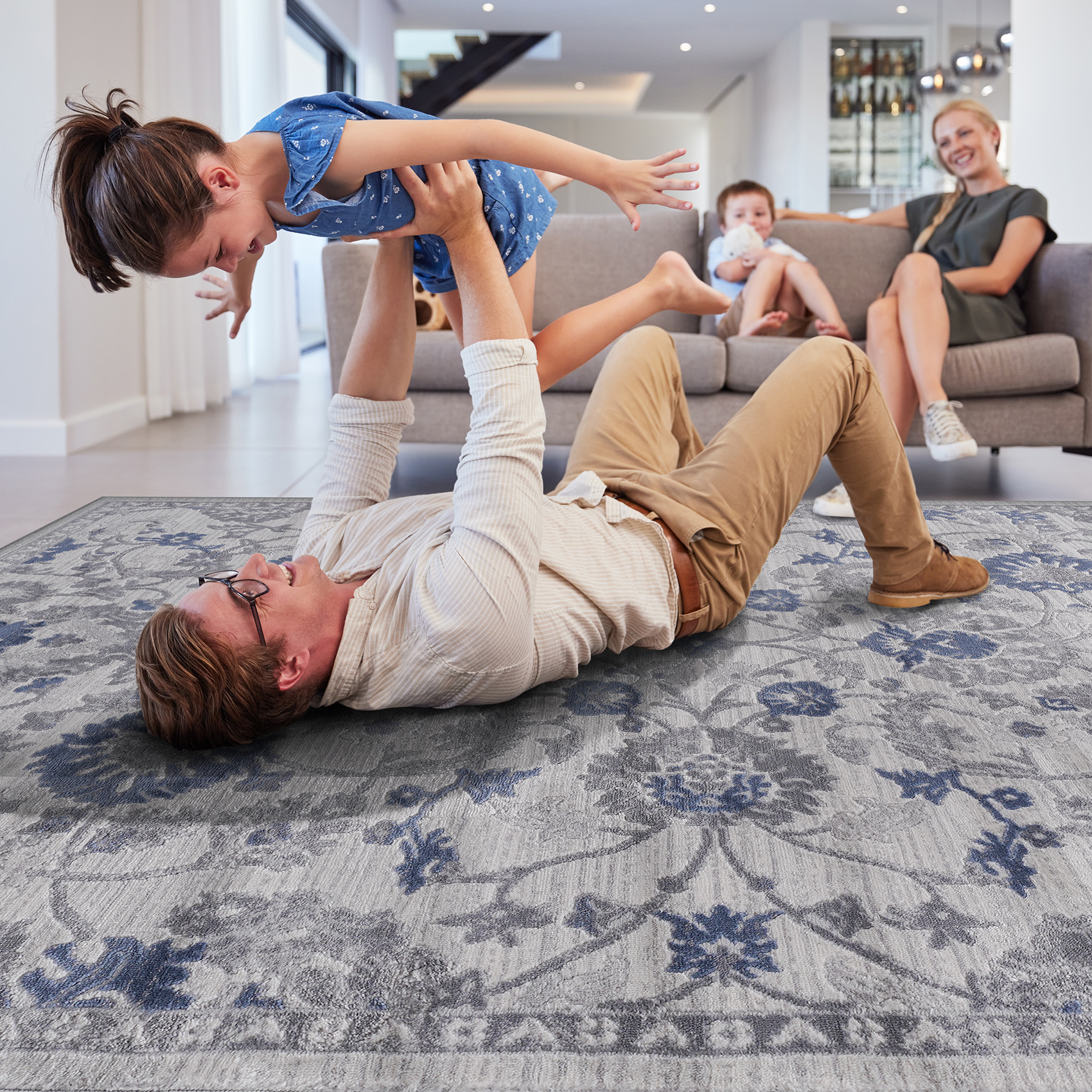 8X10 Blue/Silver/Oriental Non-Shedding and Stain Resistant Area Rug