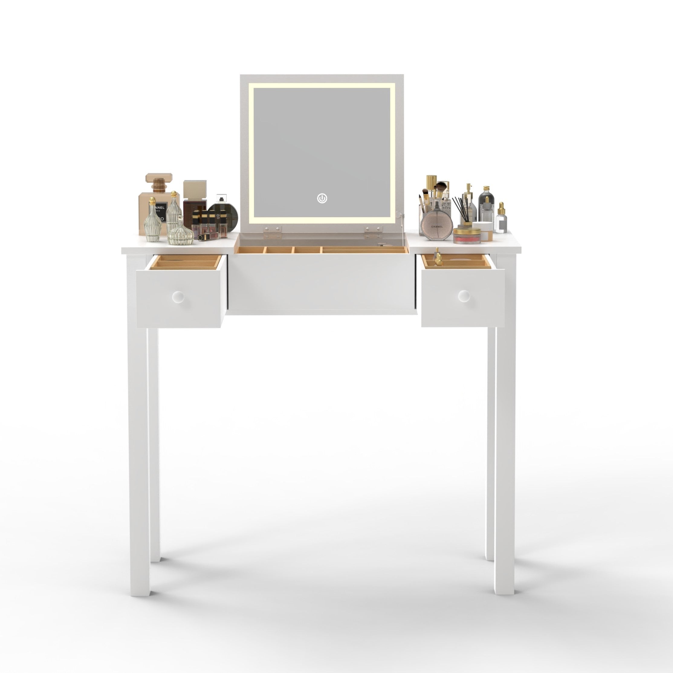 Chic White Vanity Table with LED Lights, Flip-Top Mirror and 2 Drawers