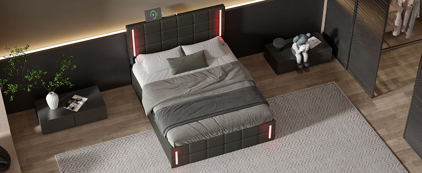 Full Size Upholstered Bed with LED Lights,Hydraulic Storage System and USB Charging Station,Black