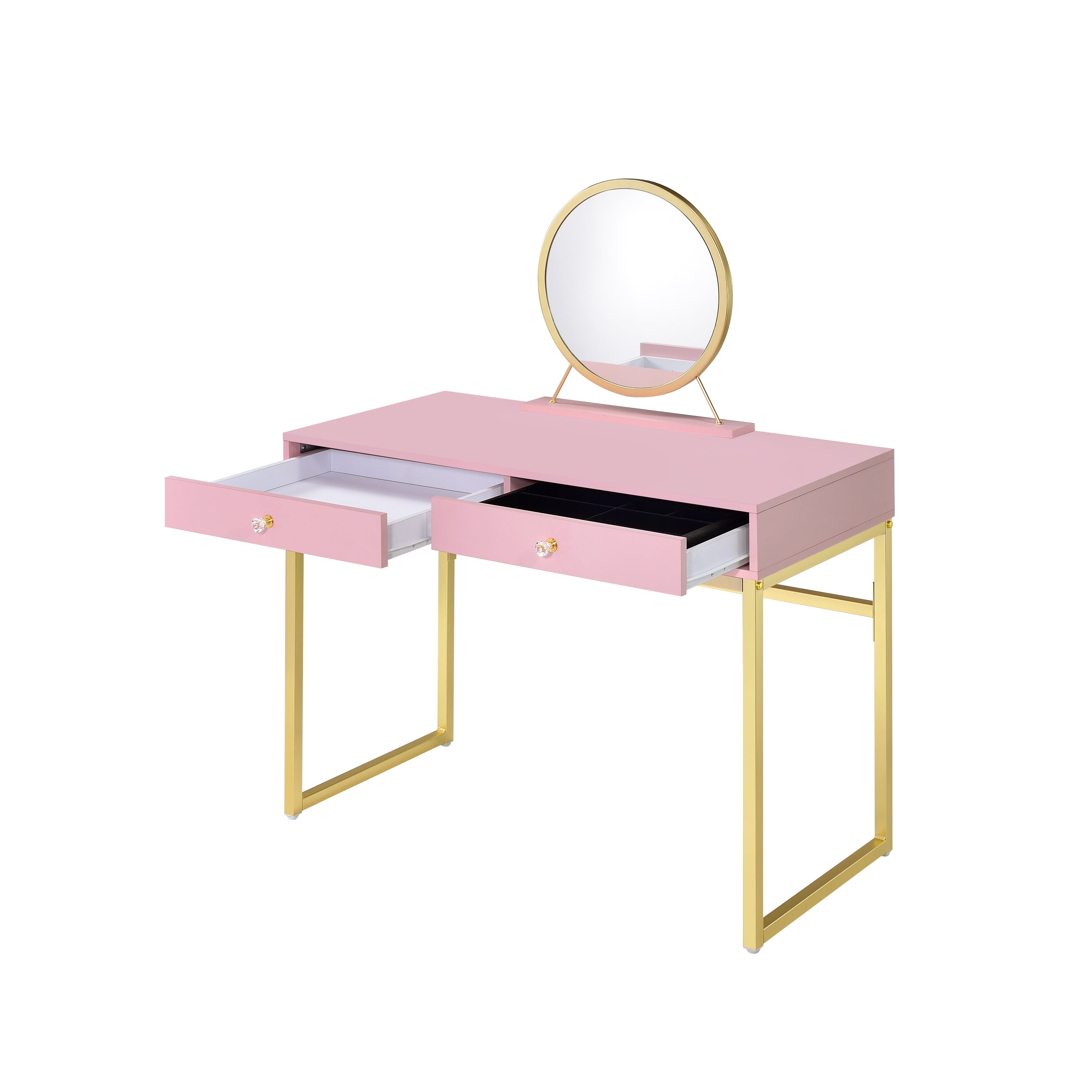 Coleen Vanity Desk w/Mirror & Jewelry Tray in Pink & Gold Finish