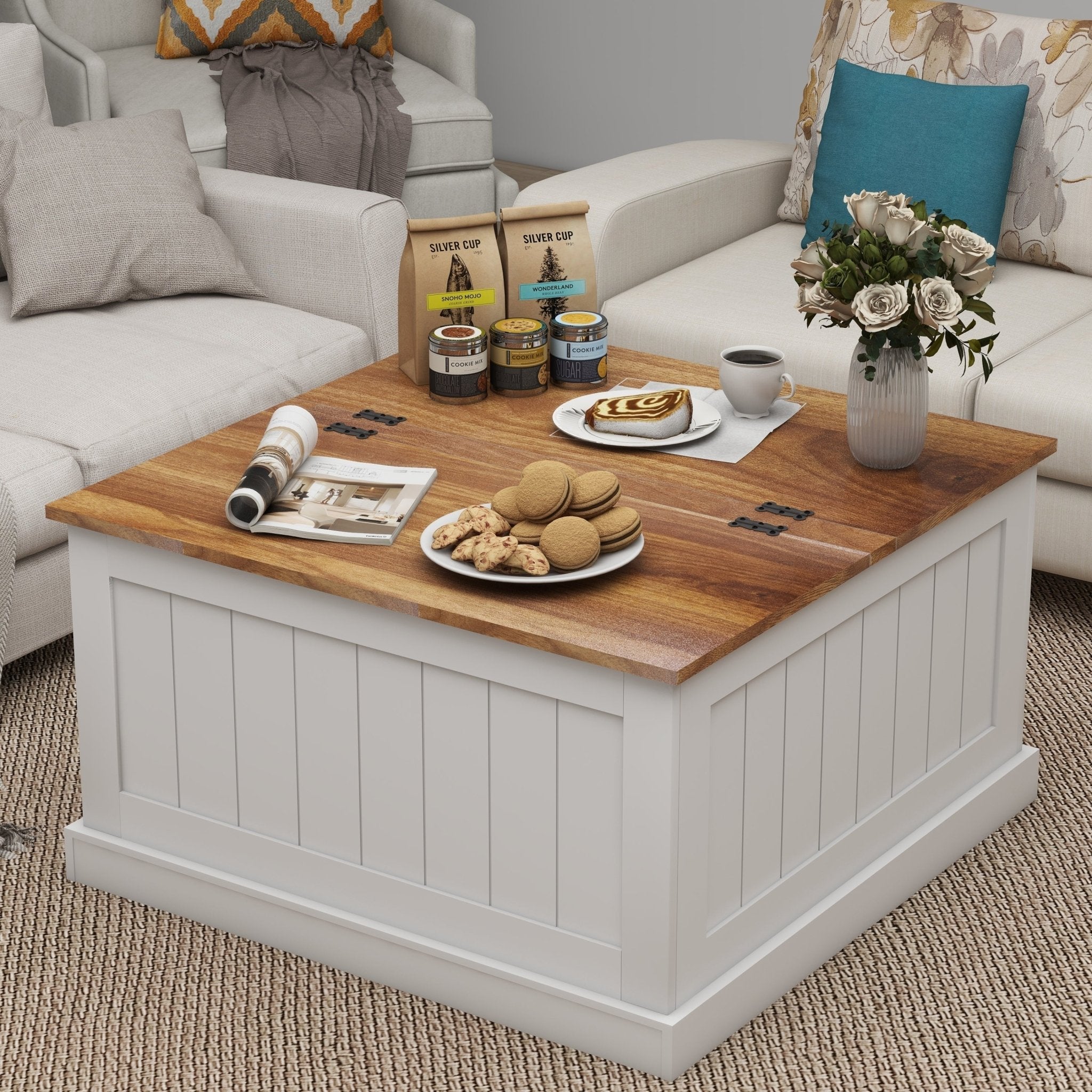 31.5" Farmhouse Coffee Table, Square Wood Center Table with Hinged Lift Top, Rustic Cocktail Table with Large Hidden Storage Compartmen for Living Room-White