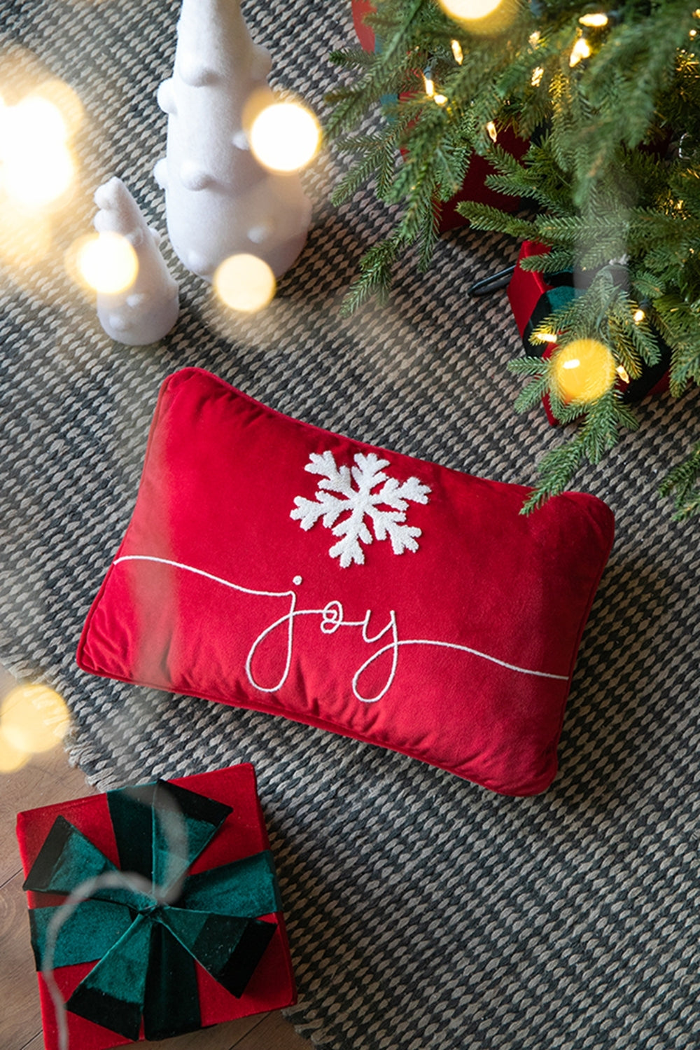 Red Velvet Pillow With Embroidered Joy And Frosty Snowflake, Set of 2, 18x12"