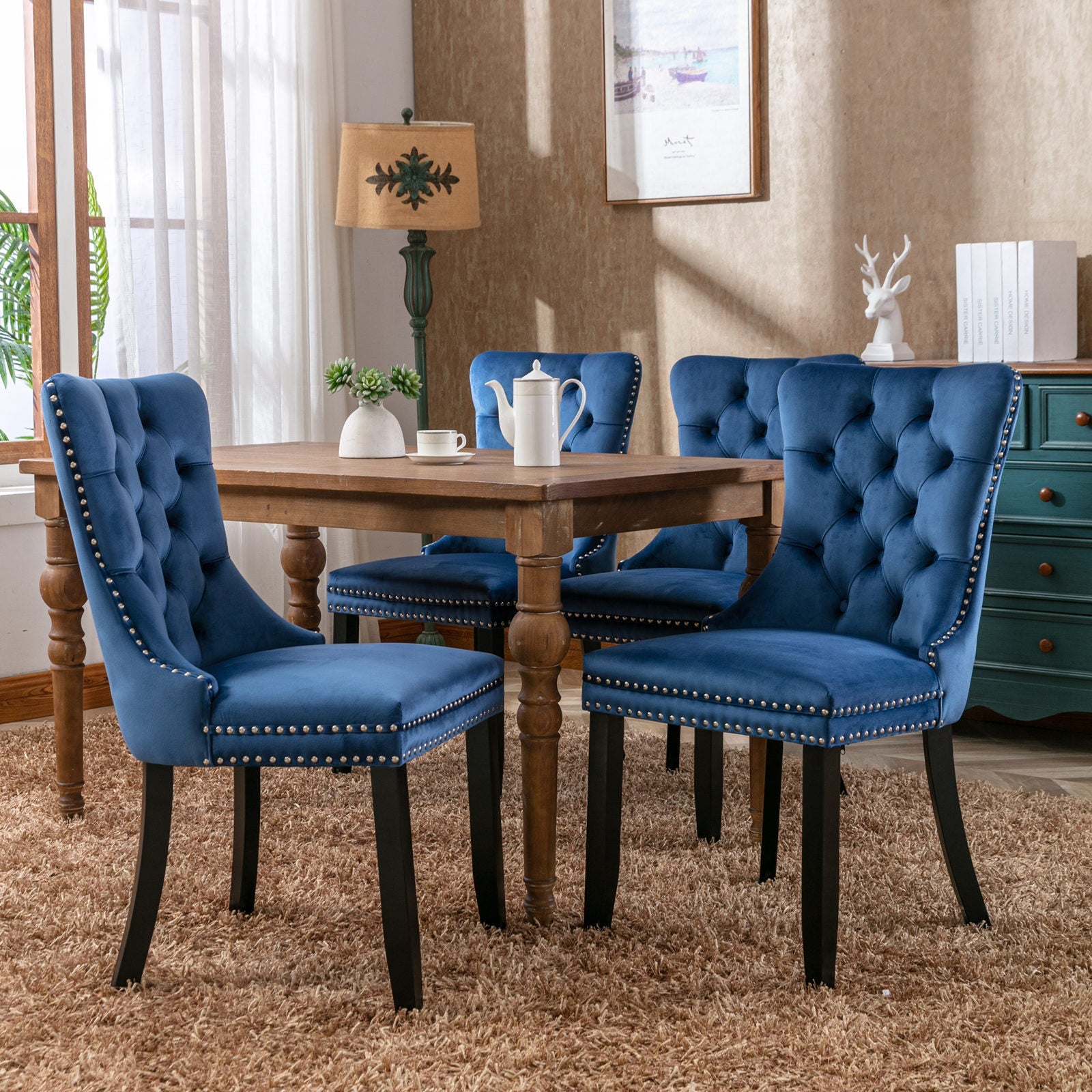 Tufted Solid Wood Velvet Upholstered Dining Chair with Wood Legs Nailhead Trim Set of 2, Blue L