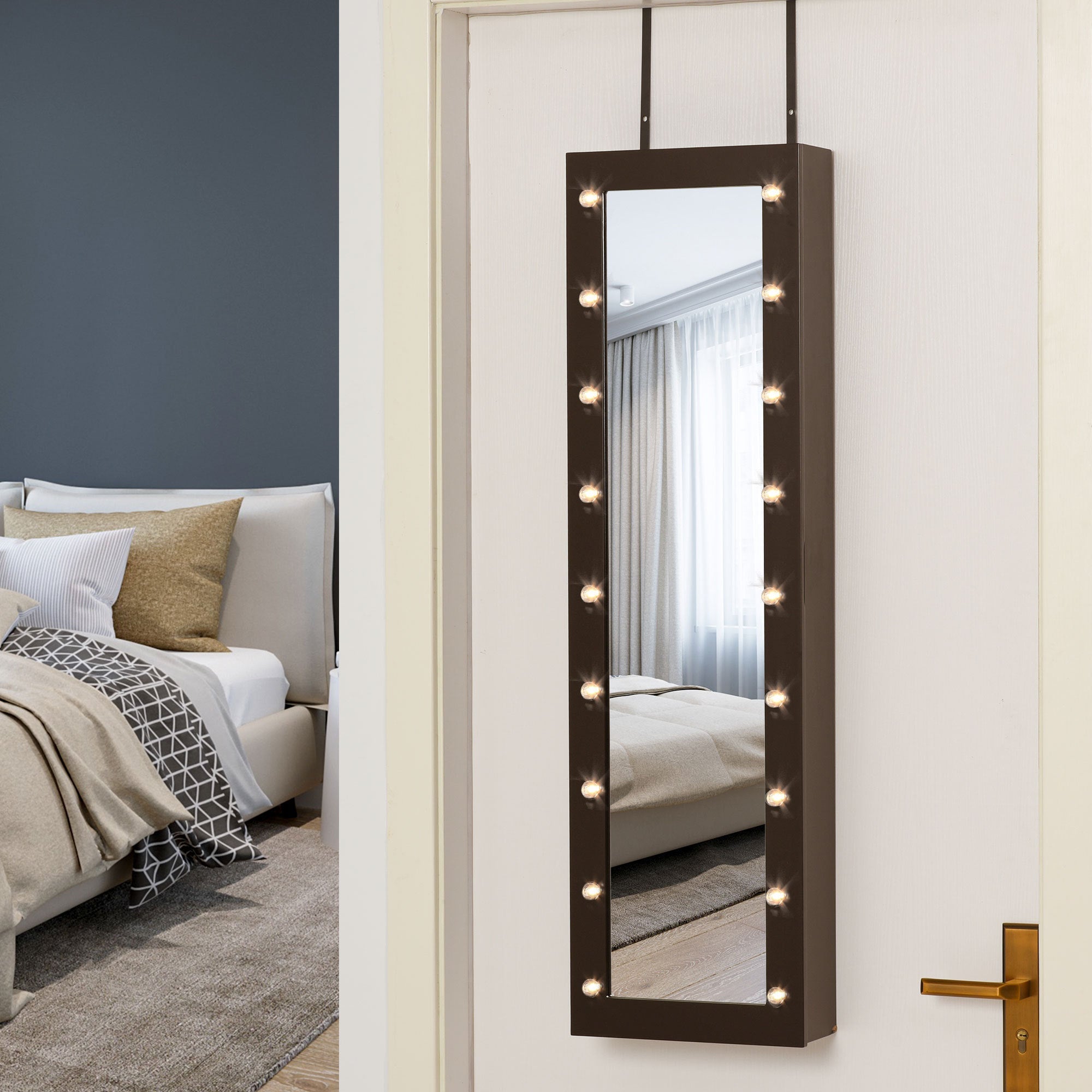 Jewelry Armoire with Mirror and 18 LED Lights, Wall-Mounted/Over-The-Door Cabinet with 3 Mountable Heights, Dark Walnut