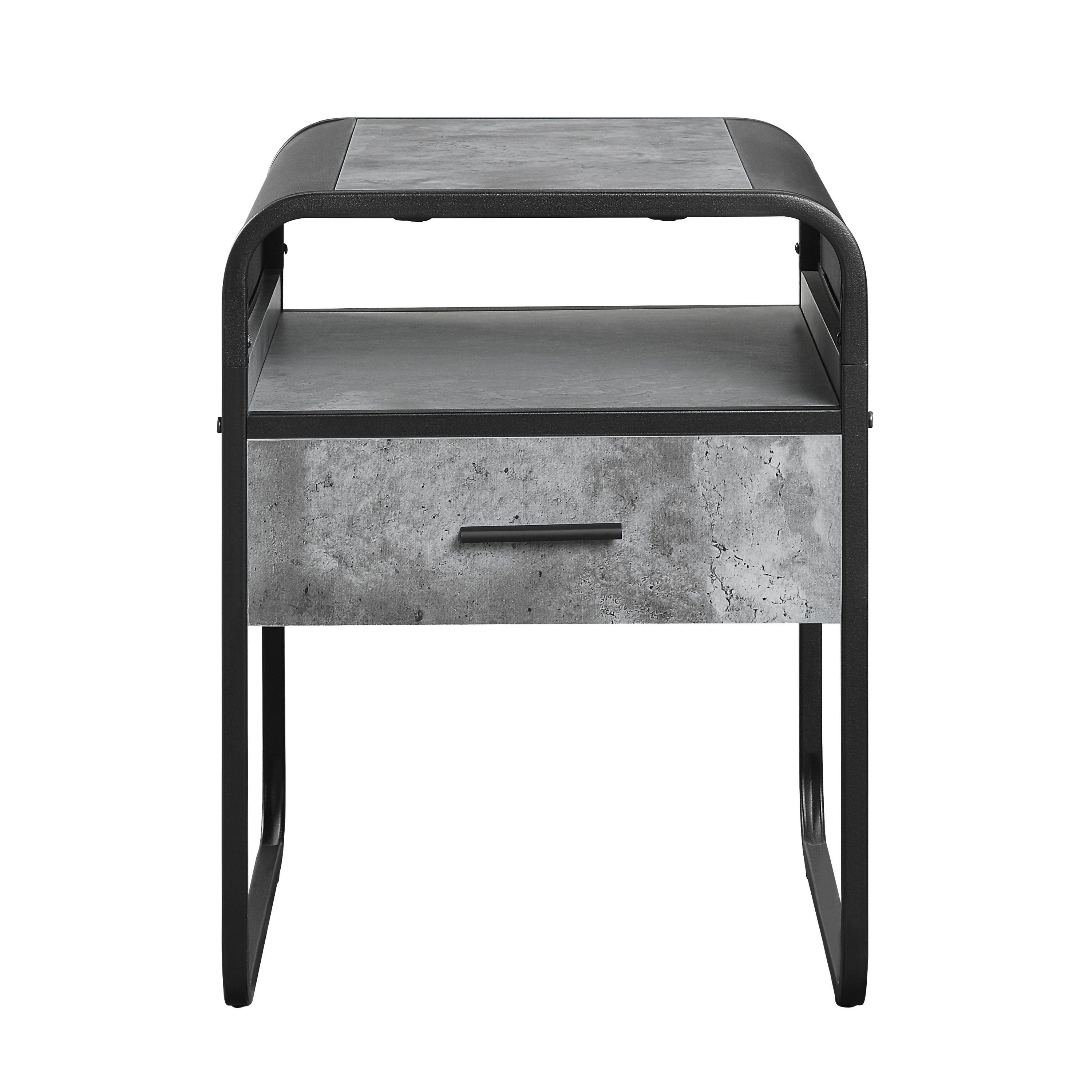 Raziela Concrete Gray & Black Finish End Table with Drawer