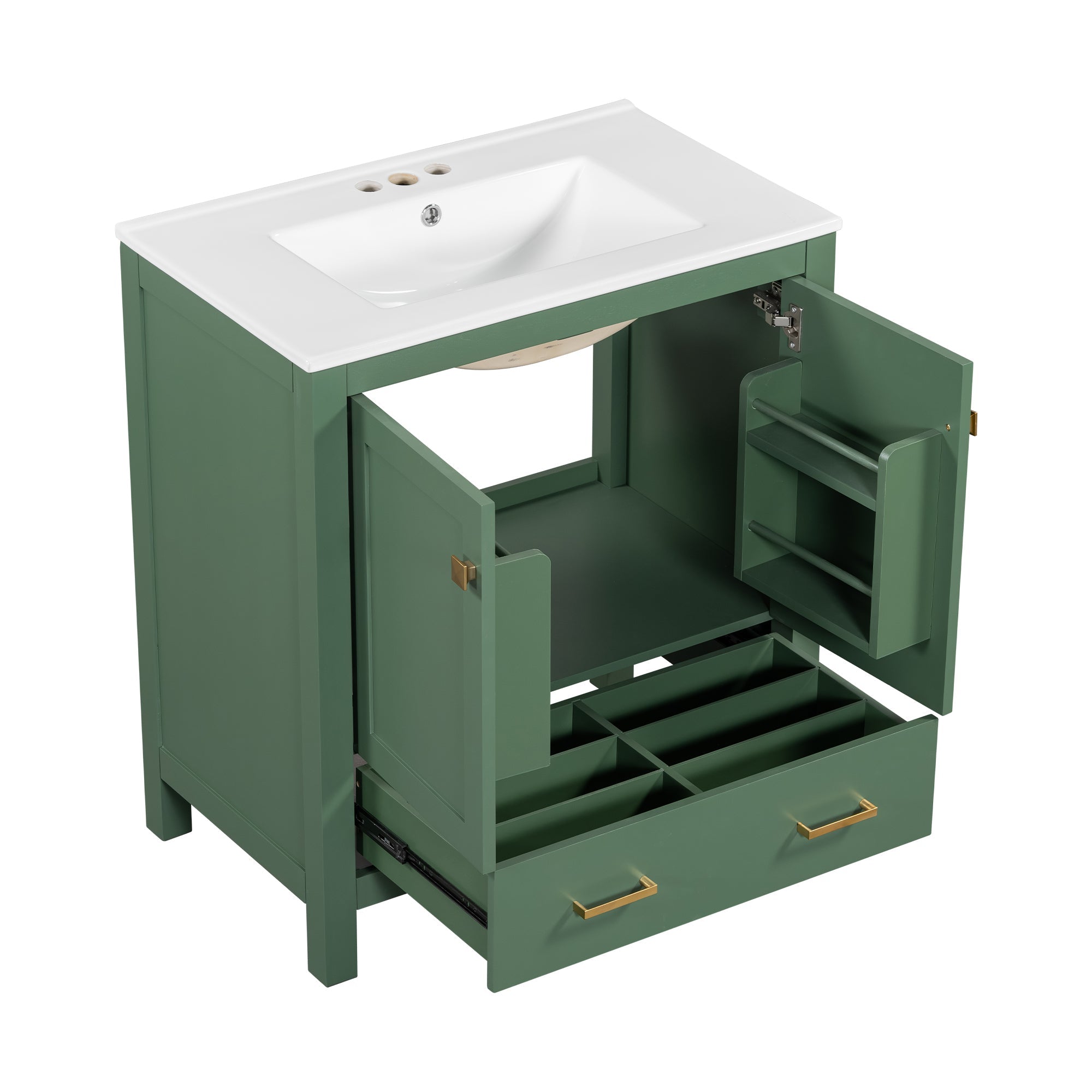 30" Green Bathroom Vanity with Single Sink, Storage Cabinet with 2 Doors and a Drawer, Soft Closure