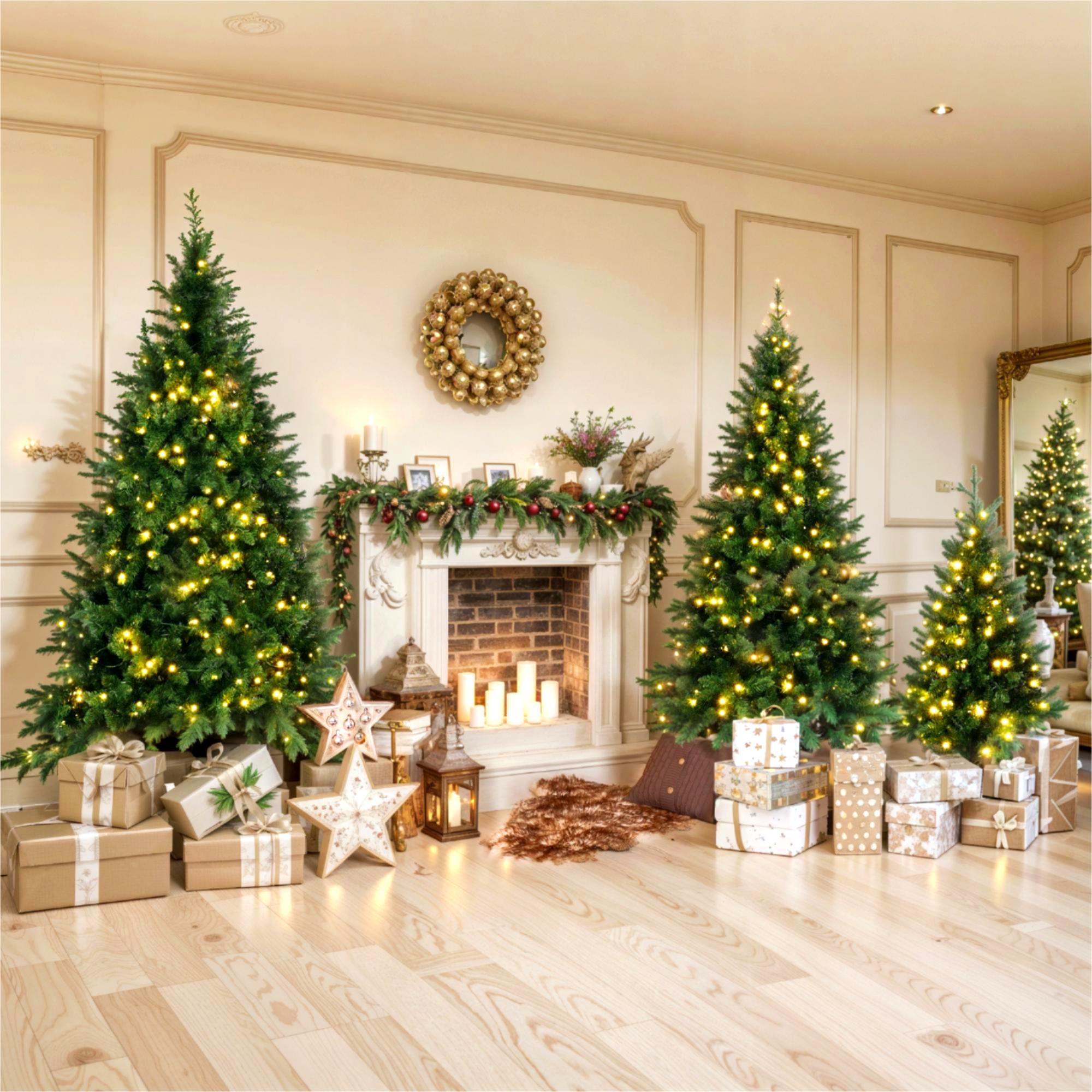 8FT, 6FT, 4FT Pre-Lit Green Pine Artificial Christmas Tree, Set of 3 Hinged Xmas Trees with 820 Warm-Yellow LED Lights