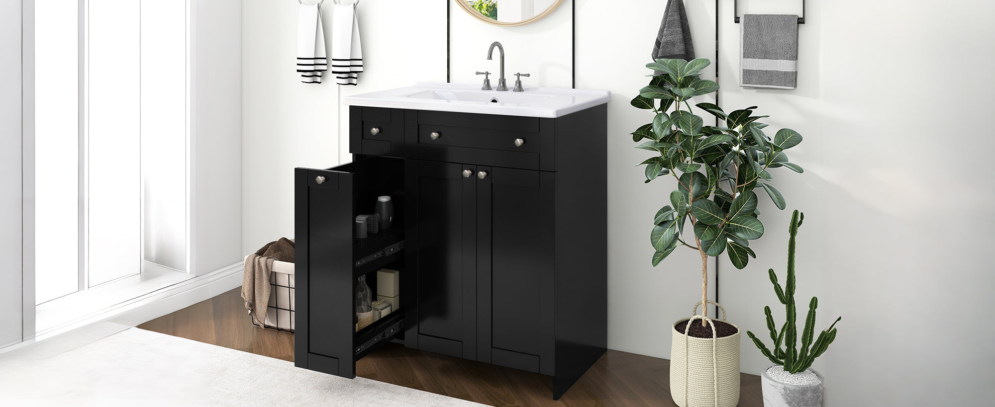 30-Inch Black Bathroom Vanity with Ceramic Sink Combo, Abundant Storage Cabinet - 2 Soft-close Doors and Double-tier Deep Drawer