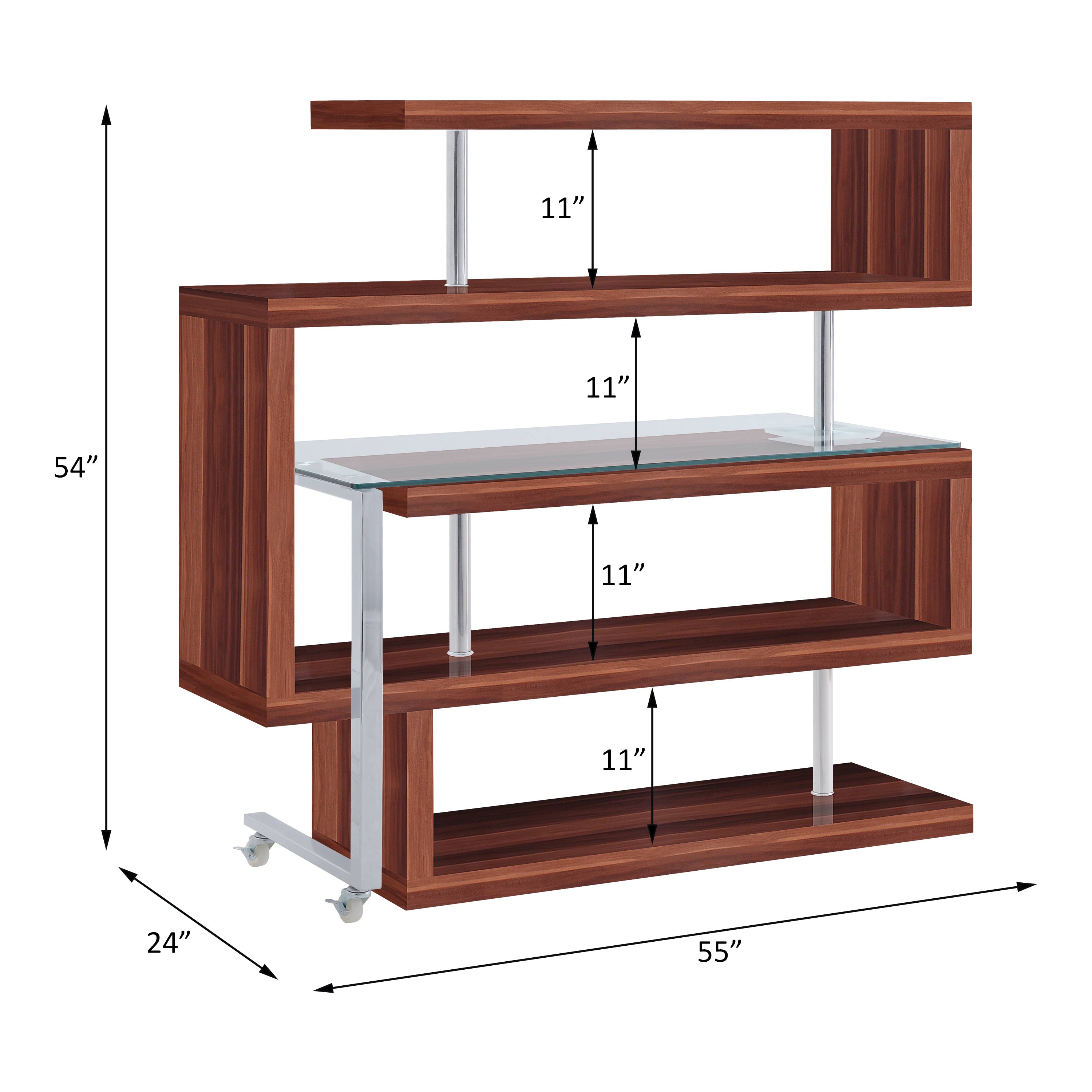 Buck II Clear Glass, Chrome High Gloss Finish Writing Desk with Shelf-Walnut