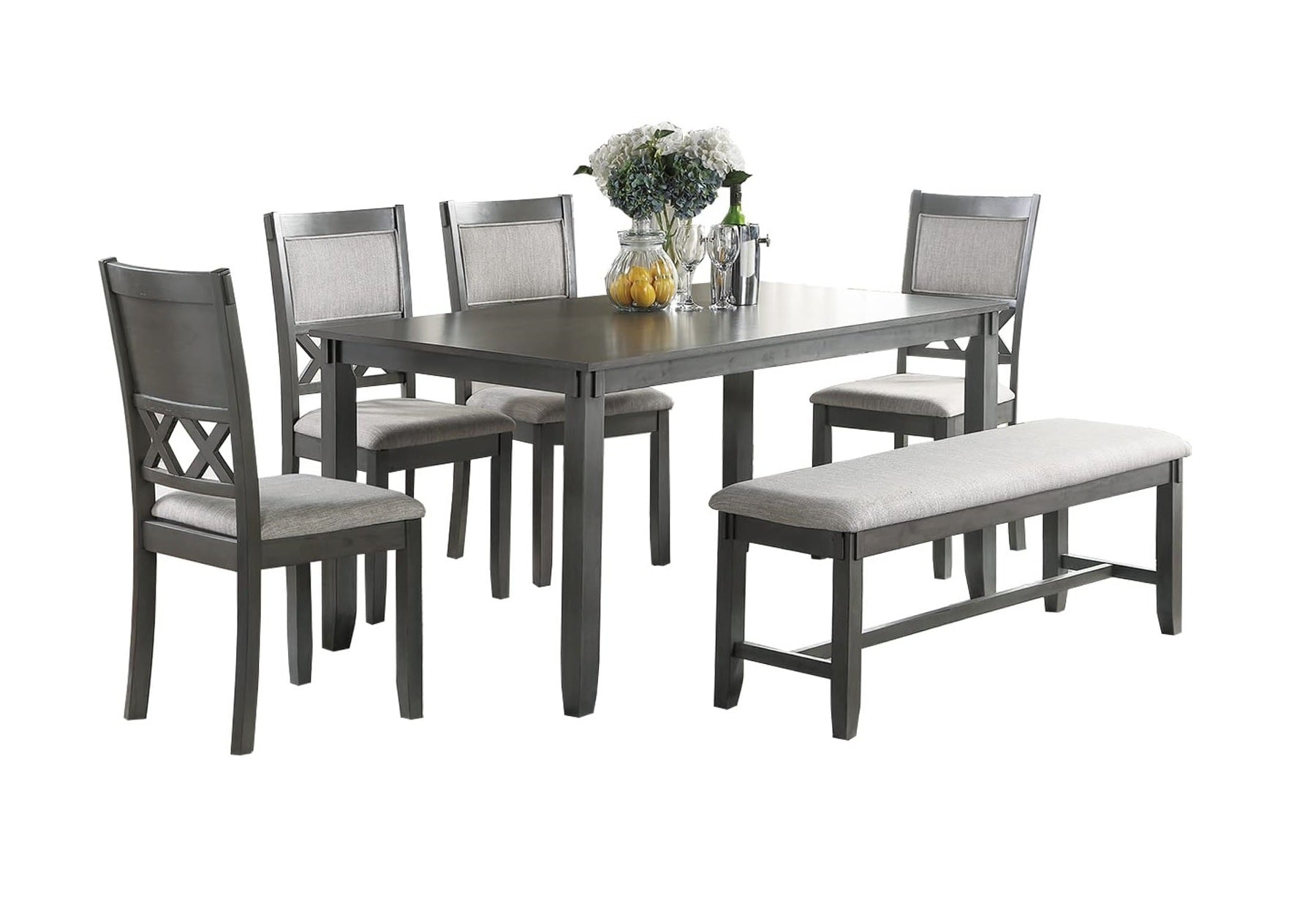 Gray Color Dining Room  6pc Set -Dining Table 4 Side Chairs and A Bench