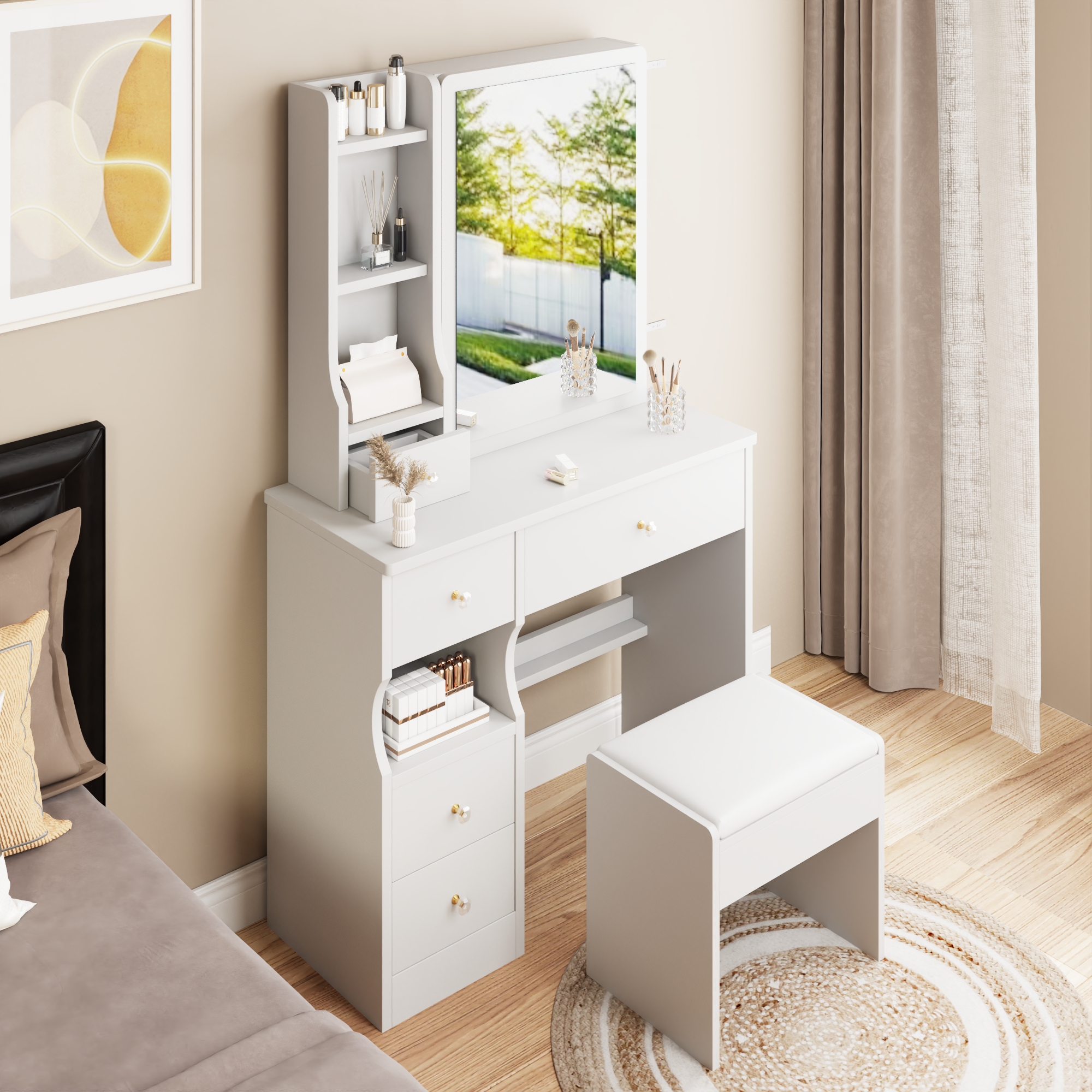 Desktop Vanity Table + Cushioned Stool, Extra Large Right sliding mirror, Multi Layer High Capacity Storage