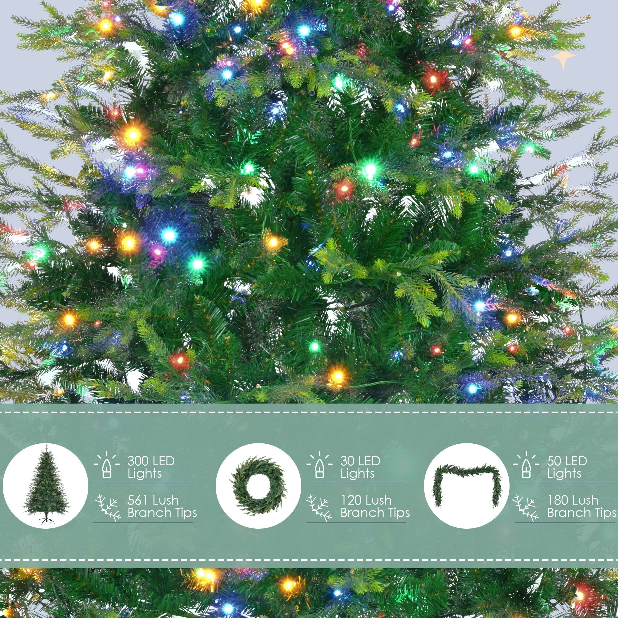 6FT Pre-Lit Aspen Fir 3 PC Set- Christmas Tree with Wreath & Garland-11 Lighting Modes