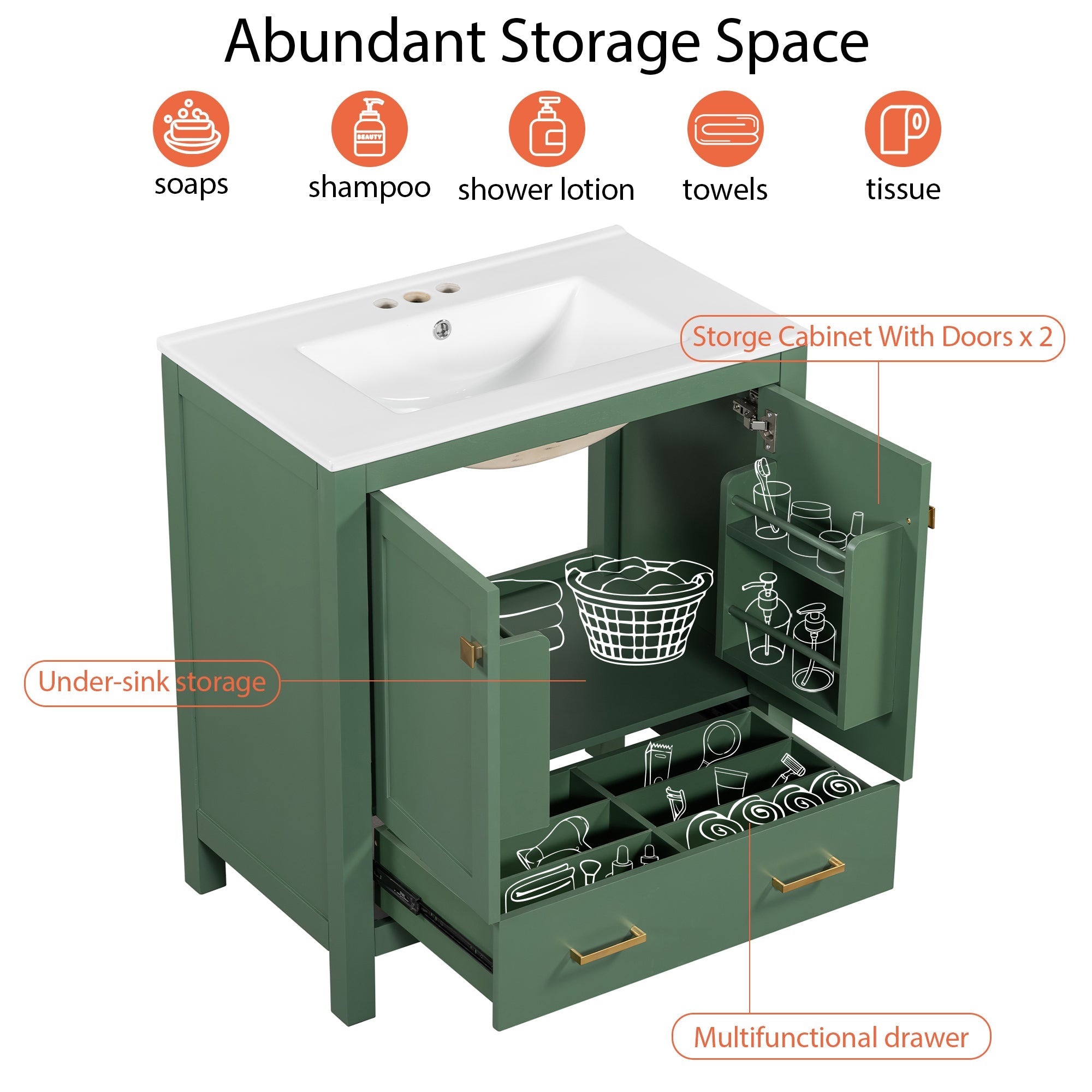 30" Green Bathroom Vanity with Single Sink, Storage Cabinet with 2 Doors and a Drawer, Soft Closure