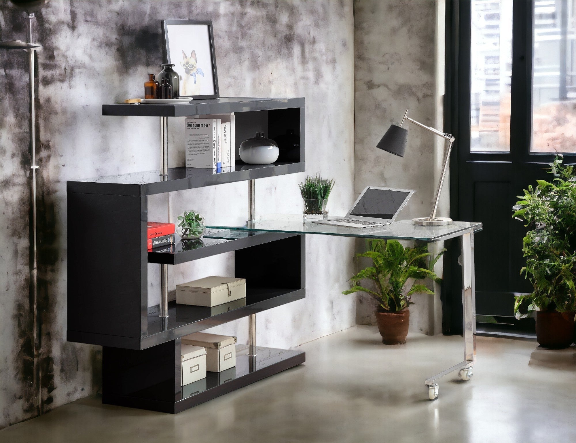 Buck II Clear Glass, Chrome High Gloss Finish Writing Desk with Shelf- Black