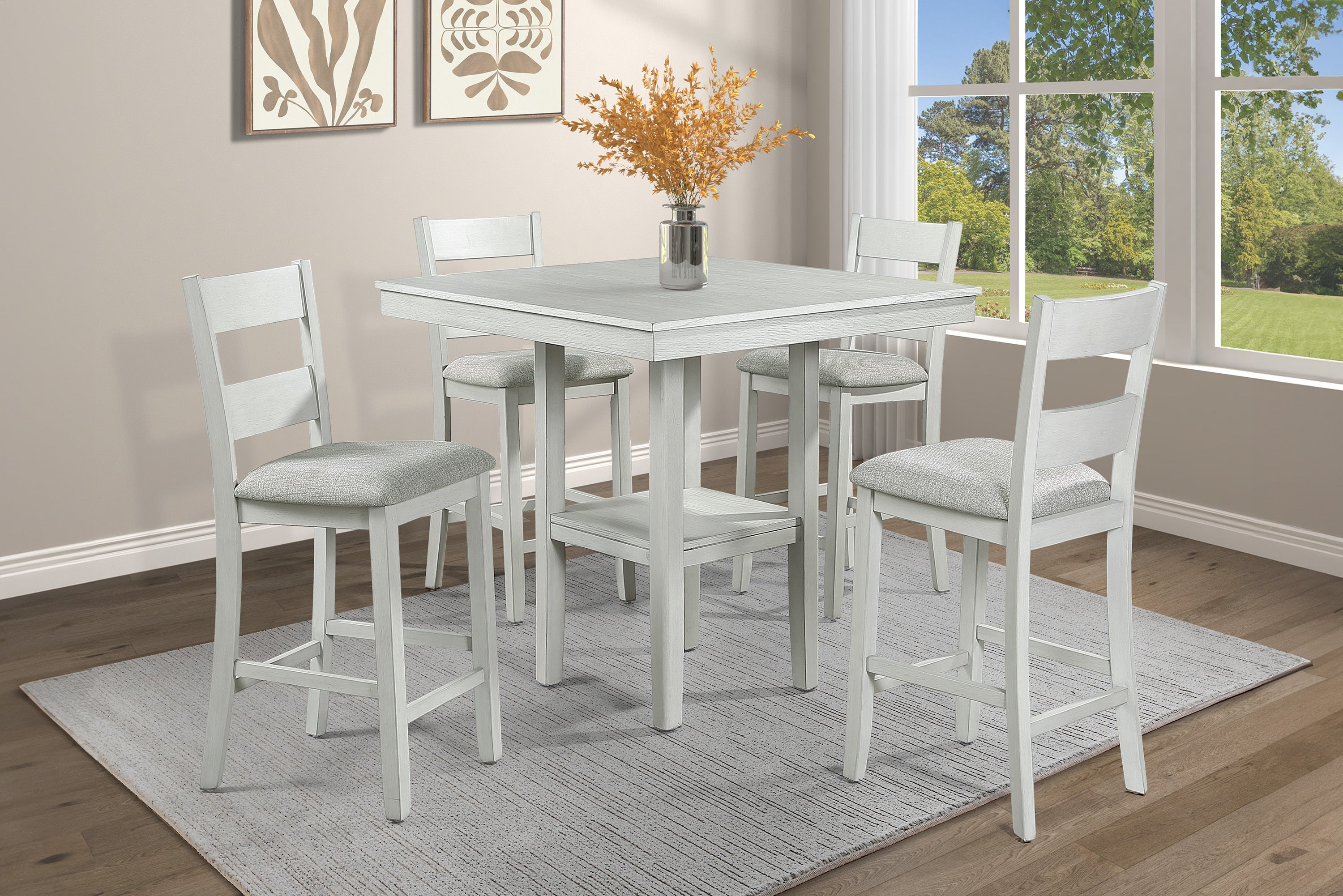 Rustic Farmhouse 5-Piece Counter Height Dining Set – Square Wood Table with Storage Shelf & Upholstered Chairs