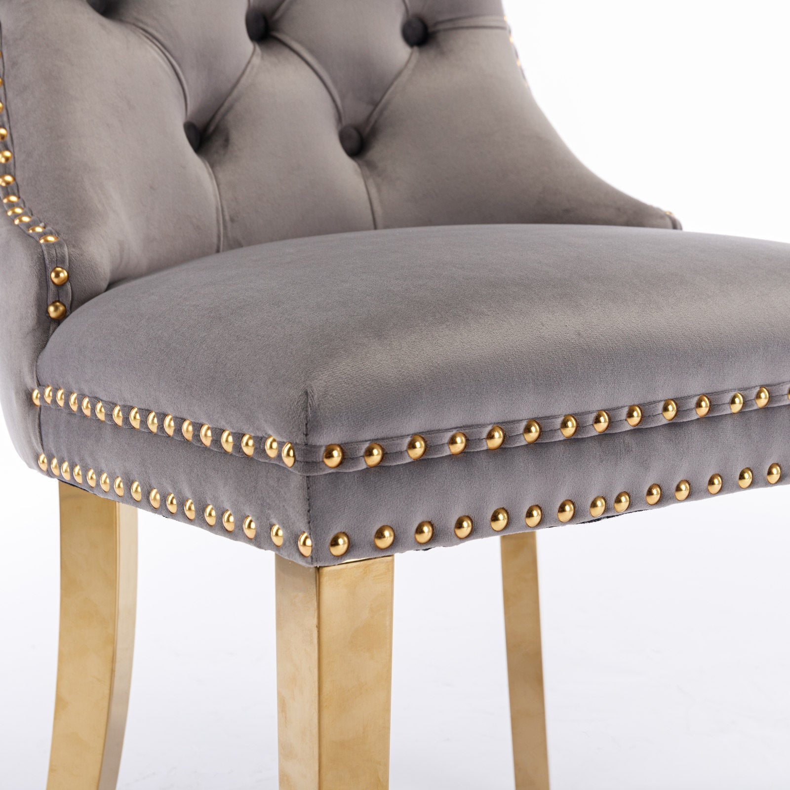 Tufted Solid Wood Contemporary Velvet Upholstered Dining Chair, Set of 2, Gray and Gold