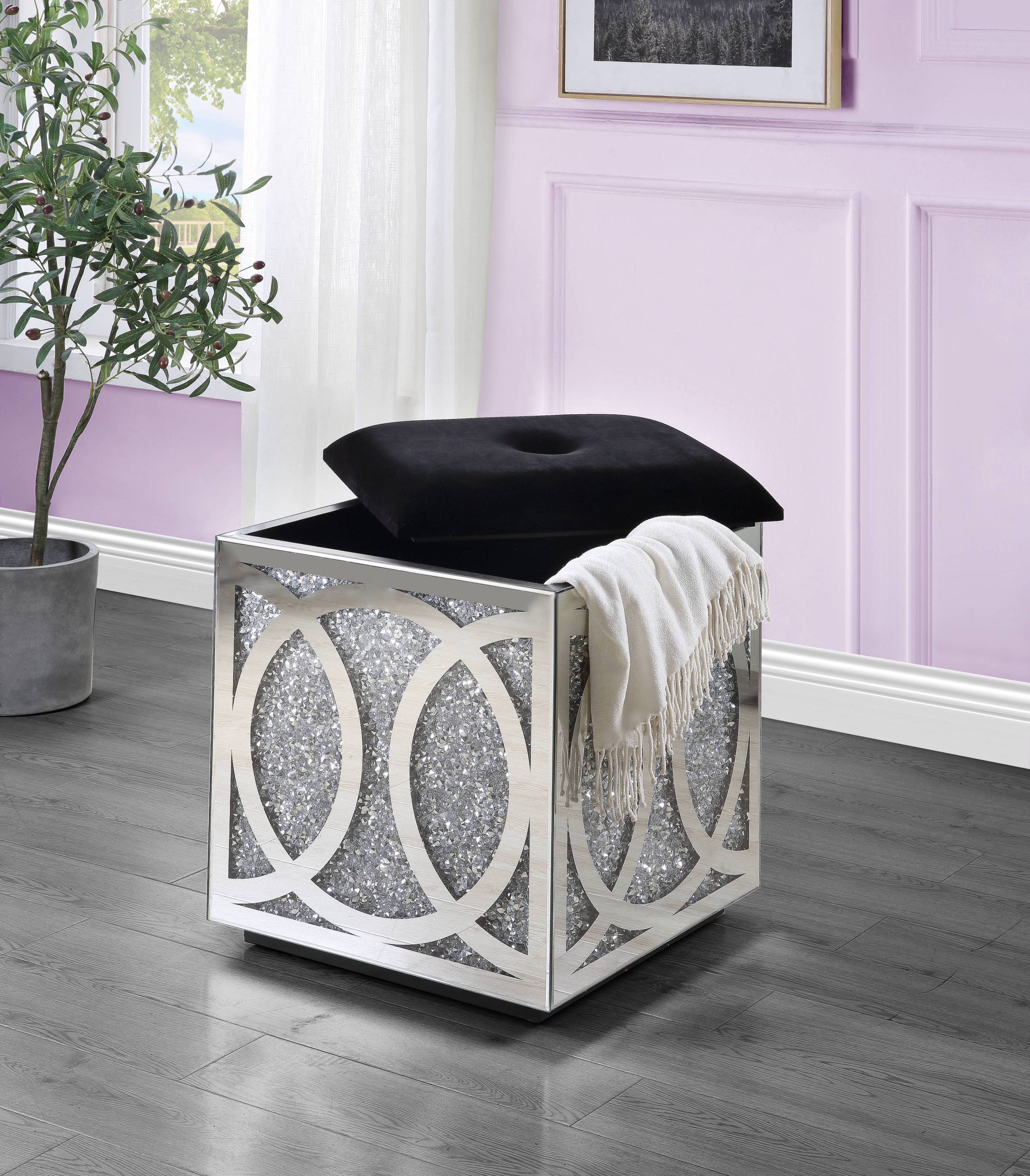 Noralie Medium sized Mirrored and Faux Diamonds Ottoman with Storage