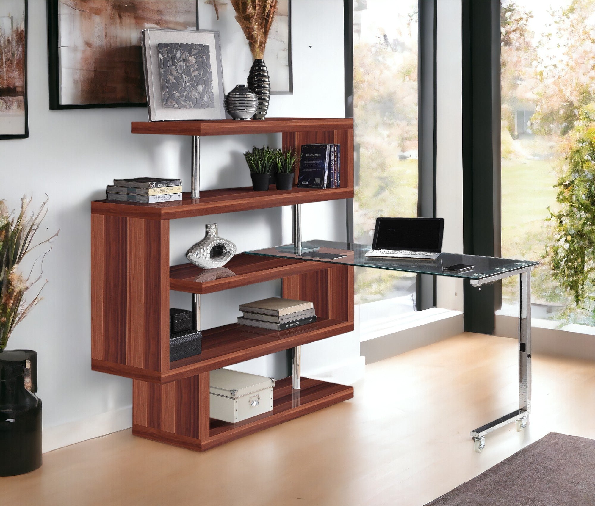 Buck II Clear Glass, Chrome High Gloss Finish Writing Desk with Shelf-Walnut