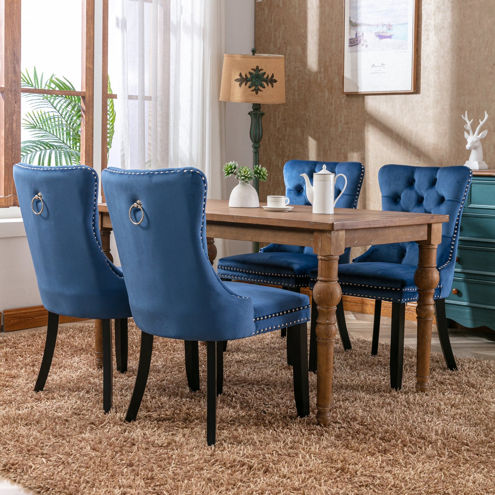 Tufted Solid Wood Velvet Upholstered Dining Chair with Wood Legs Nailhead Trim Set of 2, Blue L