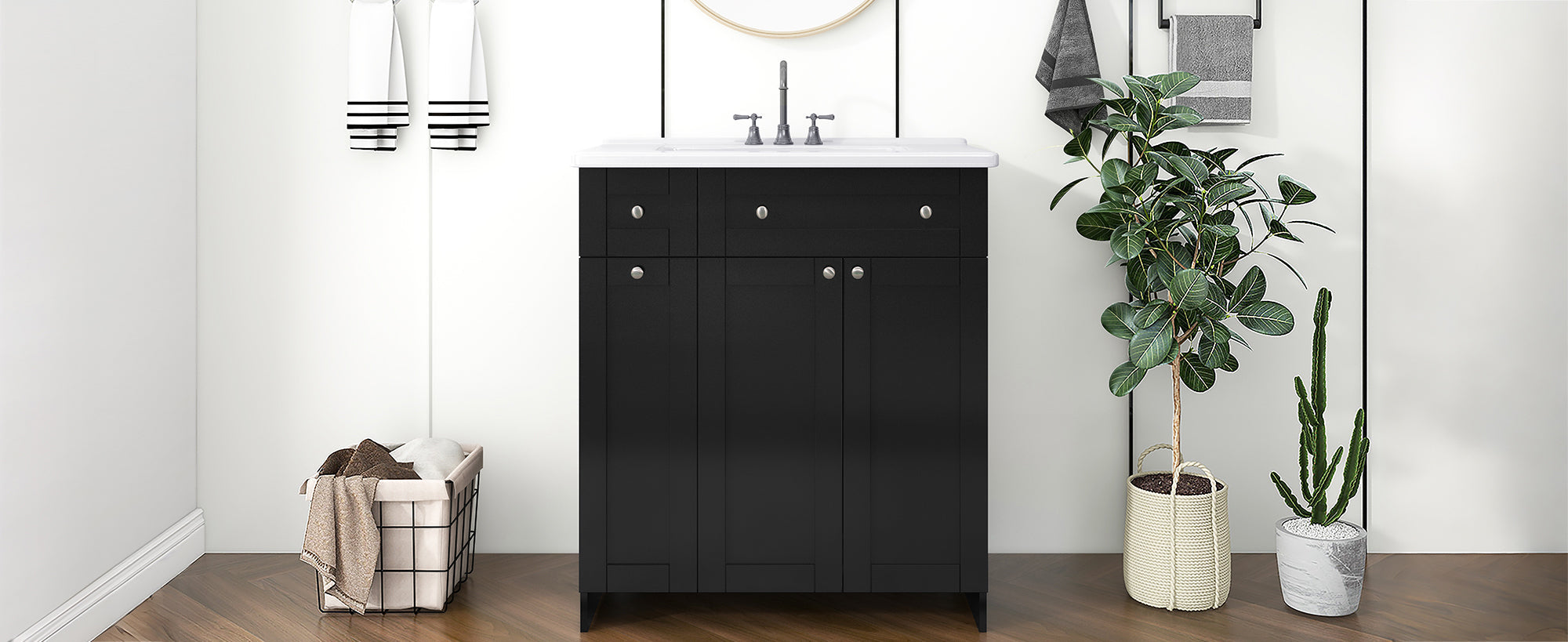 30-Inch Black Bathroom Vanity with Ceramic Sink Combo, Abundant Storage Cabinet - 2 Soft-close Doors and Double-tier Deep Drawer