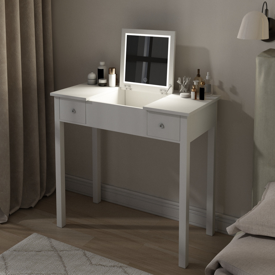 Chic White Vanity Table with LED Lights, Flip-Top Mirror and 2 Drawers