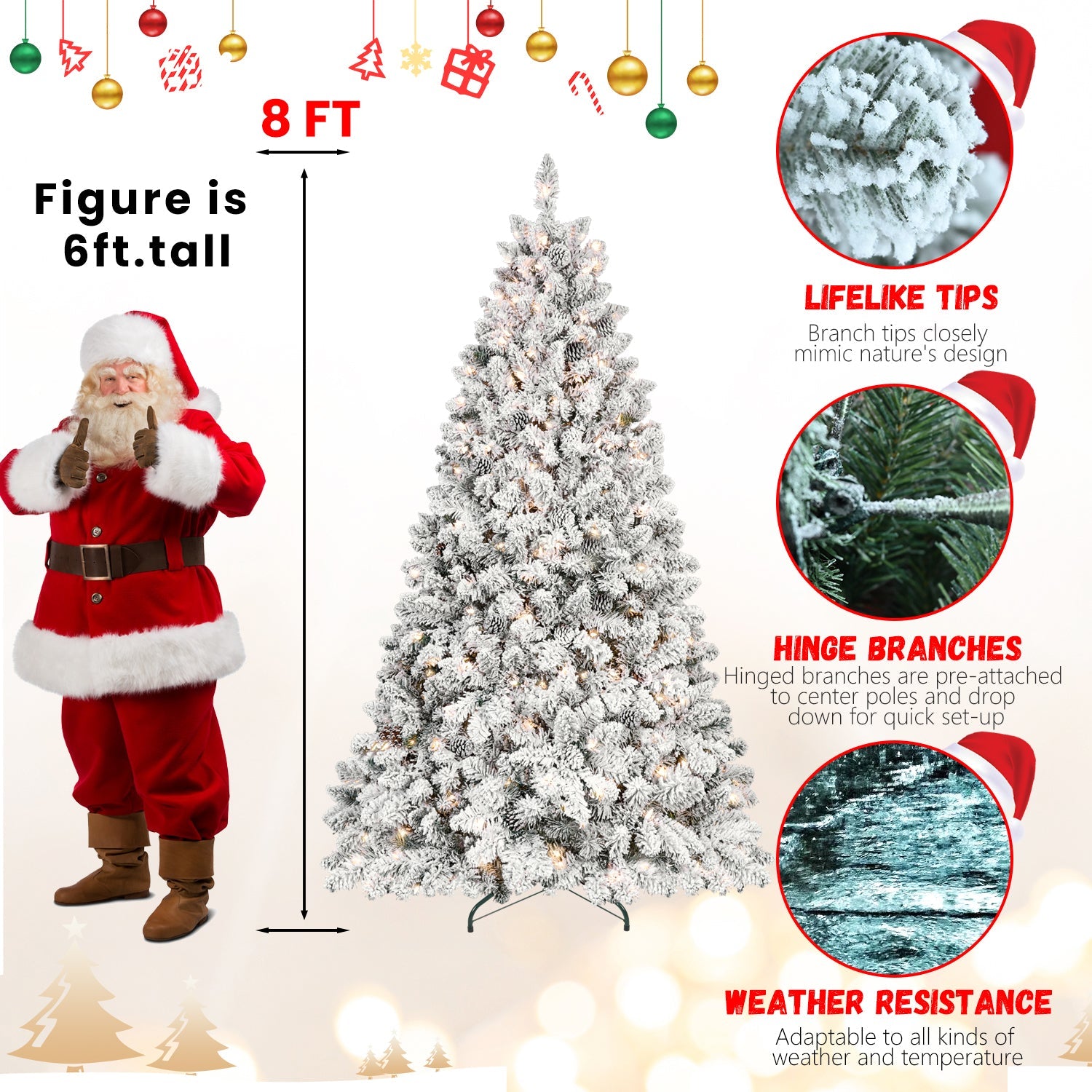 6FT Snow-Flocked Artificial Christmas Tree with Pine Cones, Prelit Xmas Trees, Hinged Easy Assembly & Reinforced Metal Base