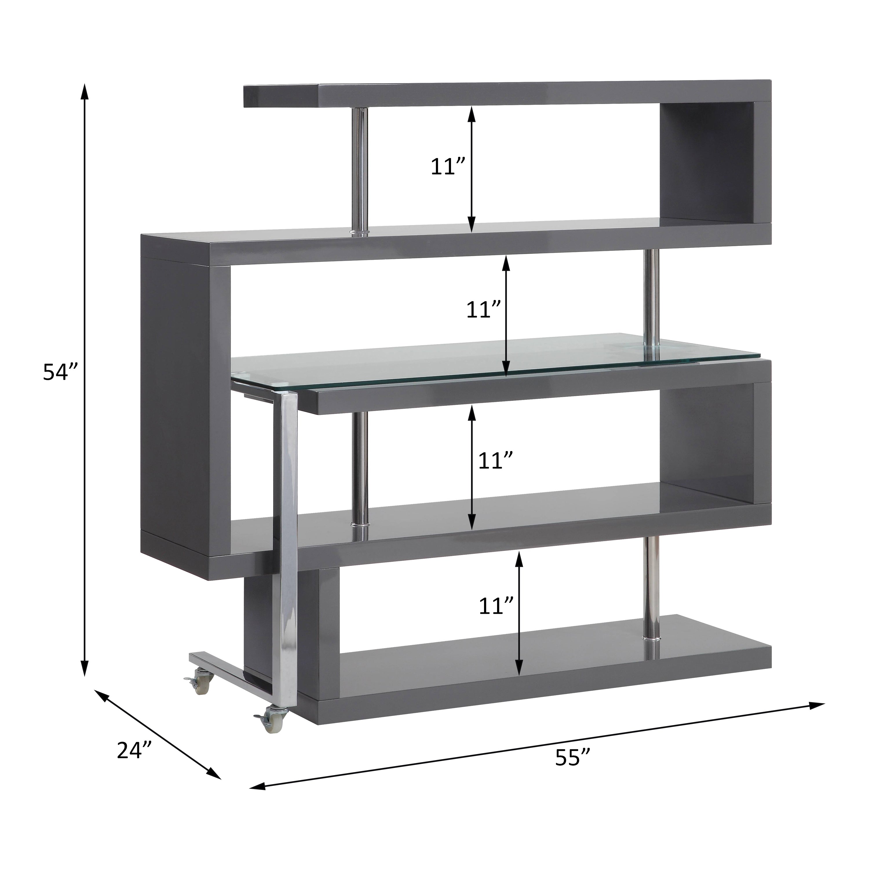 Buck II Clear Glass, Chrome High Gloss Finish Writing Desk with Shelf-Gray